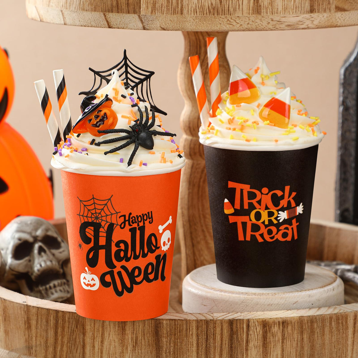 Yungyan 2 Pcs Tiered Tray Decor with Faux Whipped Cream Cups - Halloween Bar & Station Photo Prop Farmhouse Table Decor