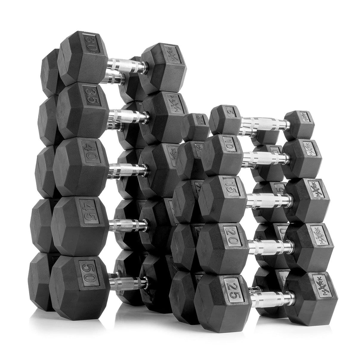XMARK 5-50lb Dumbbell Set with Rack, Weights Dumbbells, Multiple Free Weights and Horizontal Storage for Home Gym Strength Training, Storage Rack (Gray)