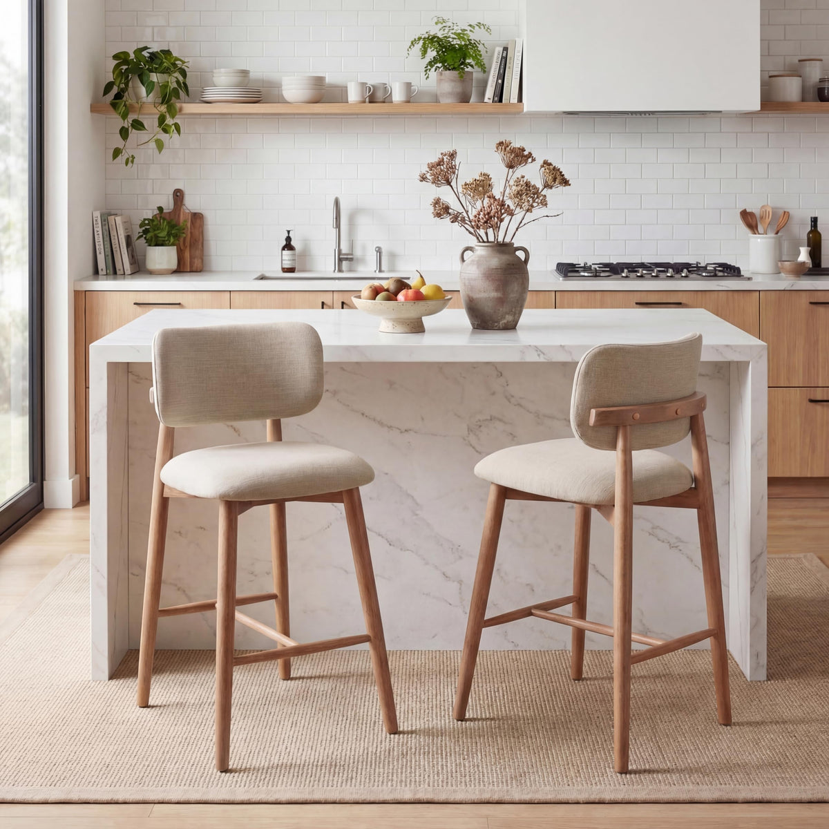 Christopher Knight Home Mundo Counter Height Bar Stools Set of 2, Fabric Upholstered Counter Stools and Curved Backrest, Rubberwood Kitchen Island Armchair with Splayed Legs, Beige + Natural