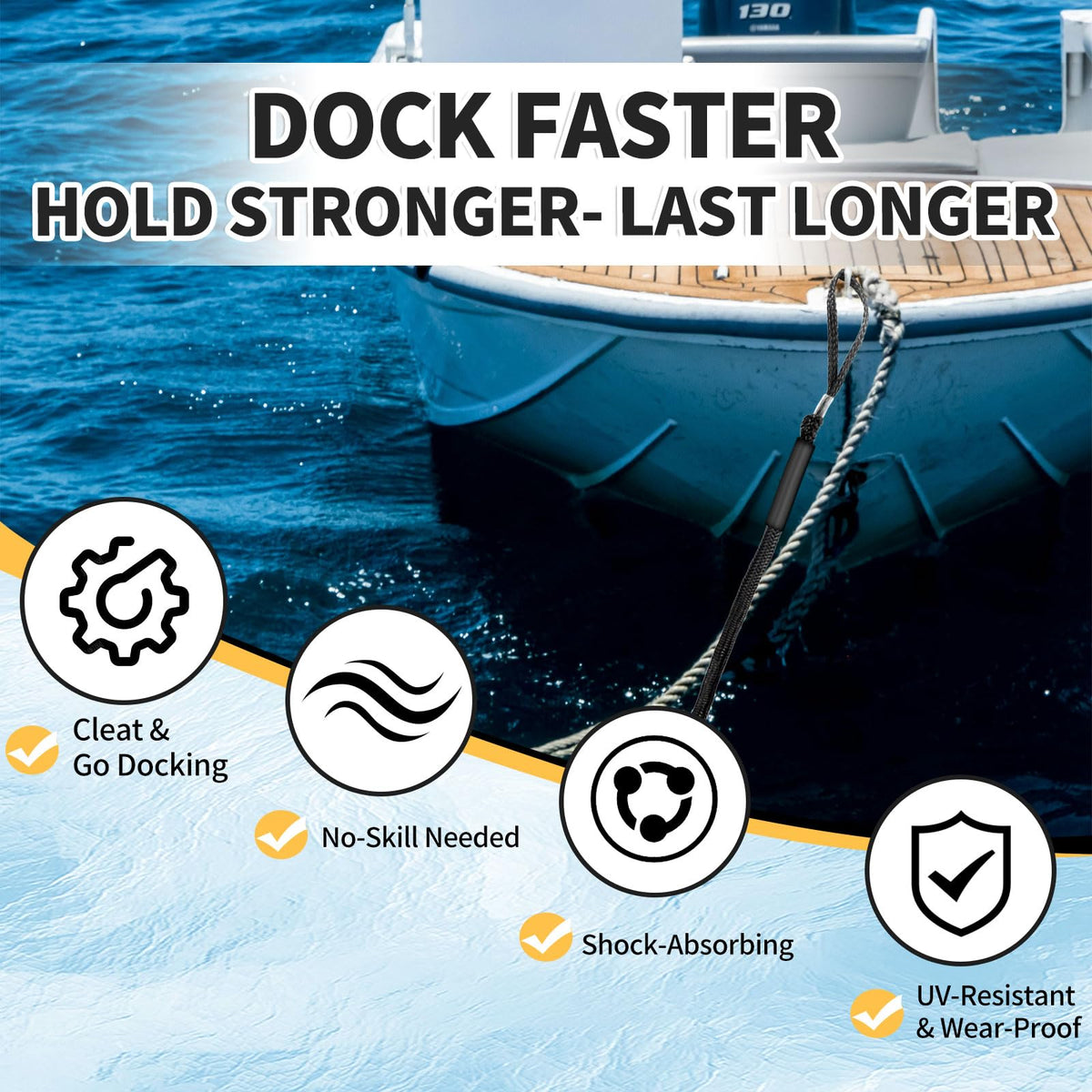 ZRSCHYG Bungee Dock Lines for Boats 2FT, Boat Tie Downs for Dock with Hooks, Elastic Dock Ties for Small Boat Jet Ski Kayak Mooring (2 Foot, 2-Pack, Black)