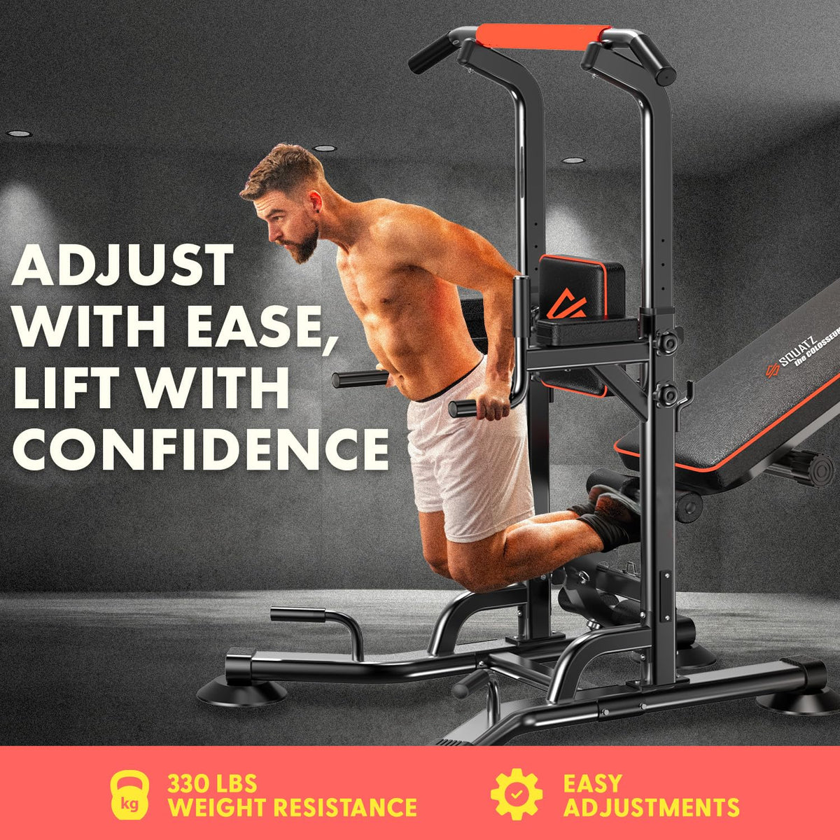 SQUATZ Pull-Up Dip Station - Your All-in-One Power Tower Gym and Chin-Up Bar Stand with Collapsible Bench for Home Exercise and Bench Press