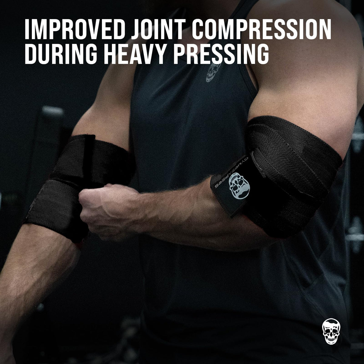 Gymreapers Weightlifting Elbow Wraps (1 Pair) - Flexible 40'' Elbow Compression Strap & Joint Support Brace - For Bench Press, Powerlifting, and Pressing (Black)