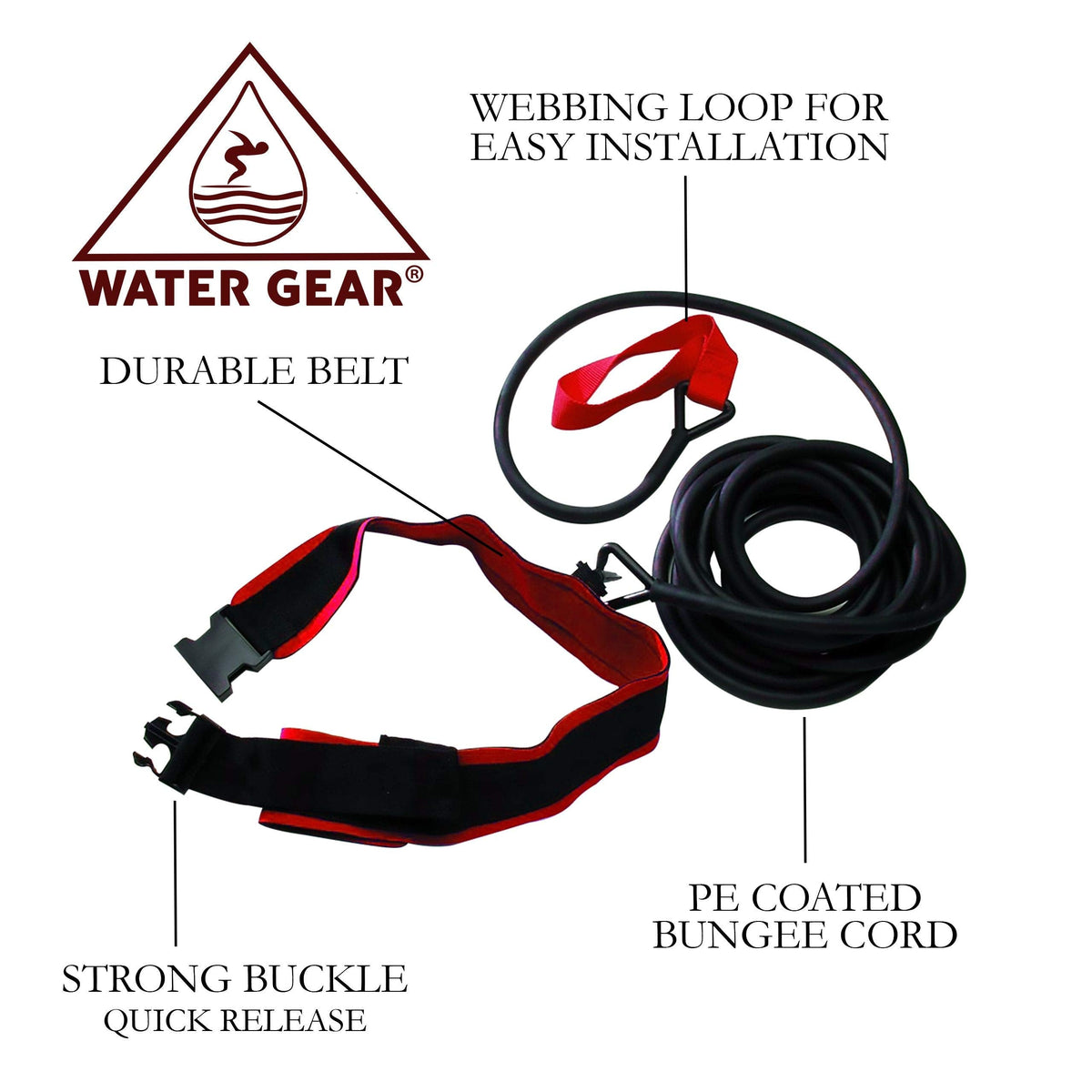Water Gear Swim Training Leash Belt - Tether Stationary Swimming - Swimming Pool Resistance Exercise Trainer Equipment for Adult and Kids - 20 Meter Rubber Leash - Red Heavy Resist