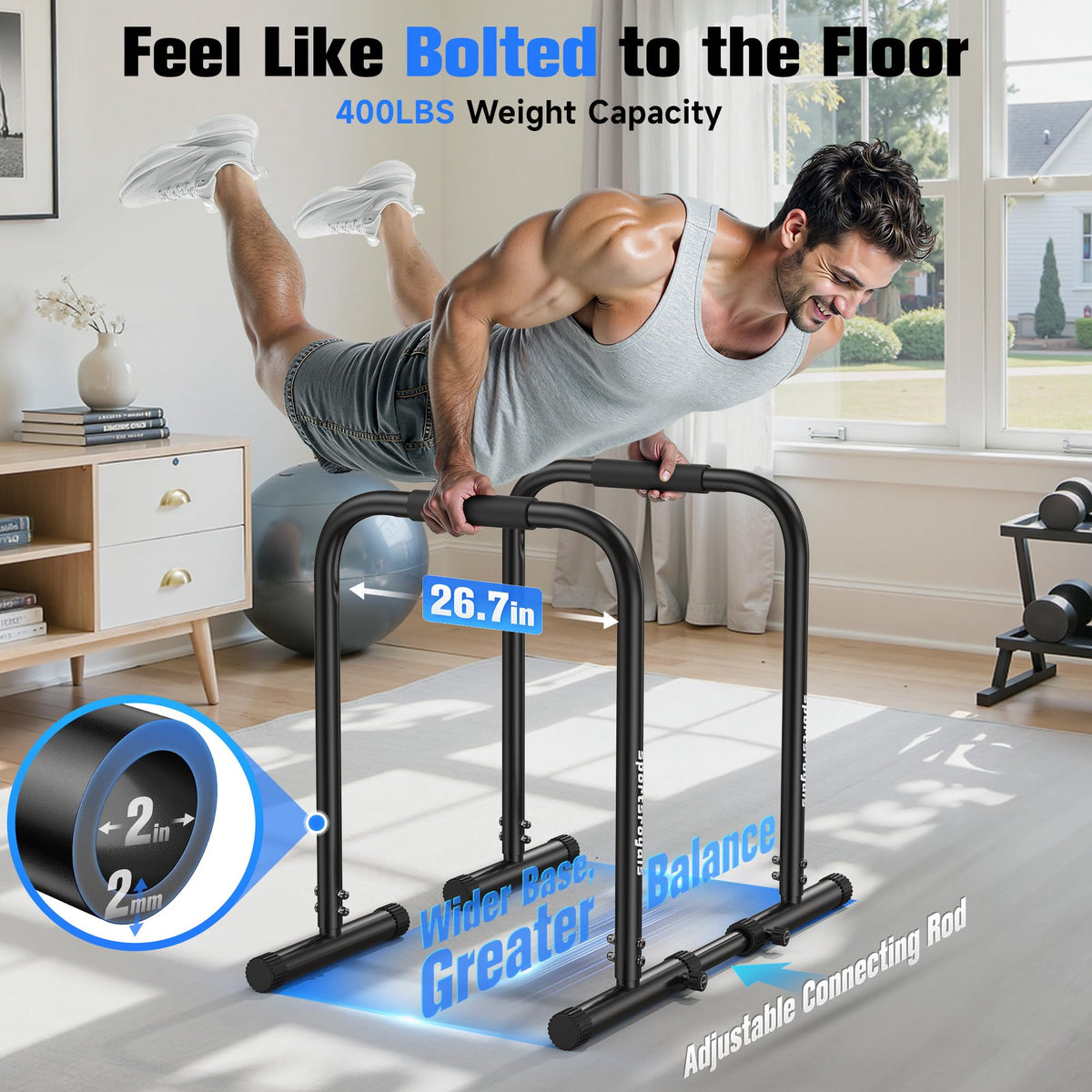 SPORTSROYALS DP3 Dip Station Adjustable Dip Bar, Heavy Duty Parallette & Parallel Bars, 400LBS Stable Dip Stands for Home Gym, Calisthenics & Upper Body Workout Equipment