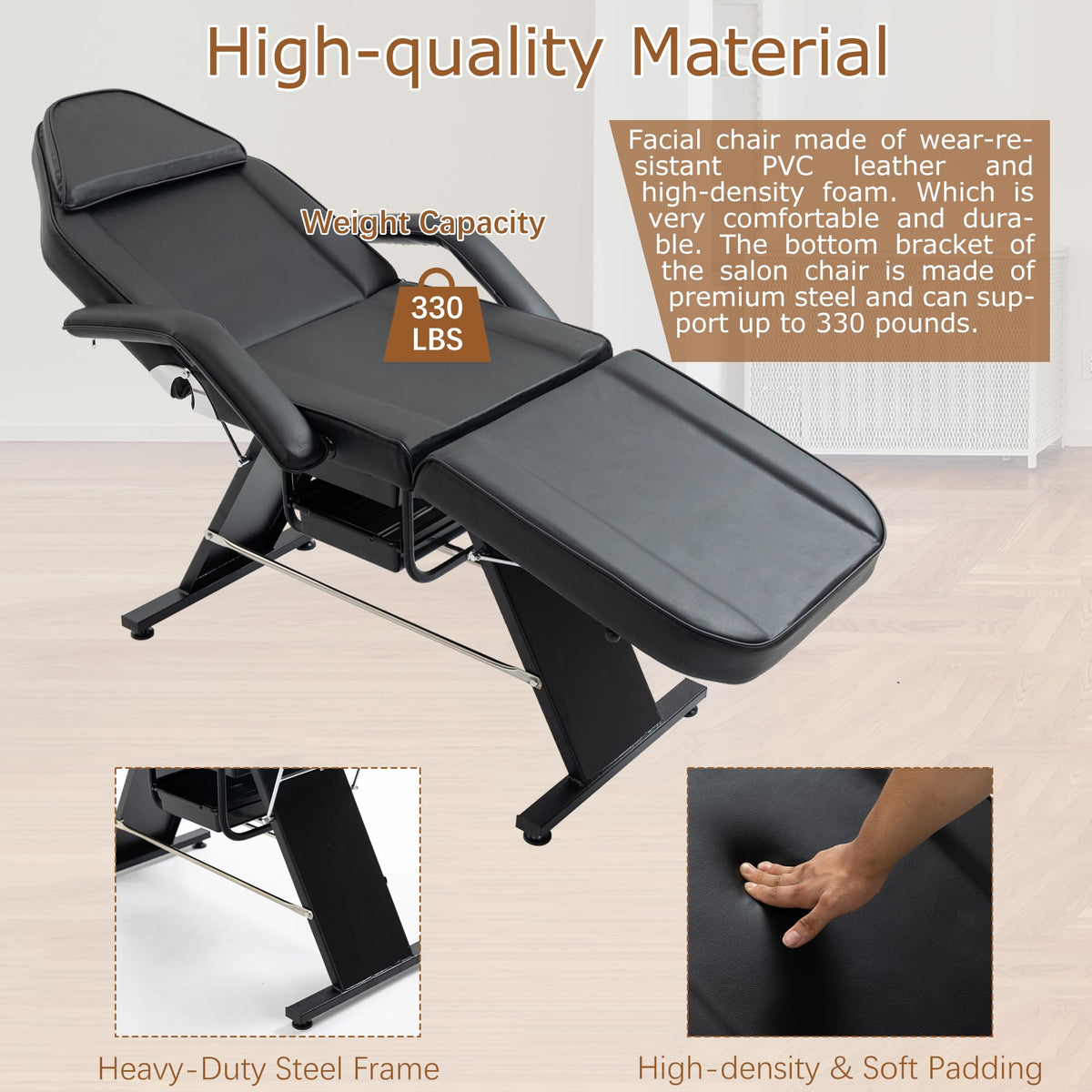 Massage Salon Tattoo Chair with Two Trays Esthetician Bed with Hydraulic Stool,Multi Purpose 3 Section Facial Bed Table, Adjustable Beauty Barber Spa Beauty Equipment, Black