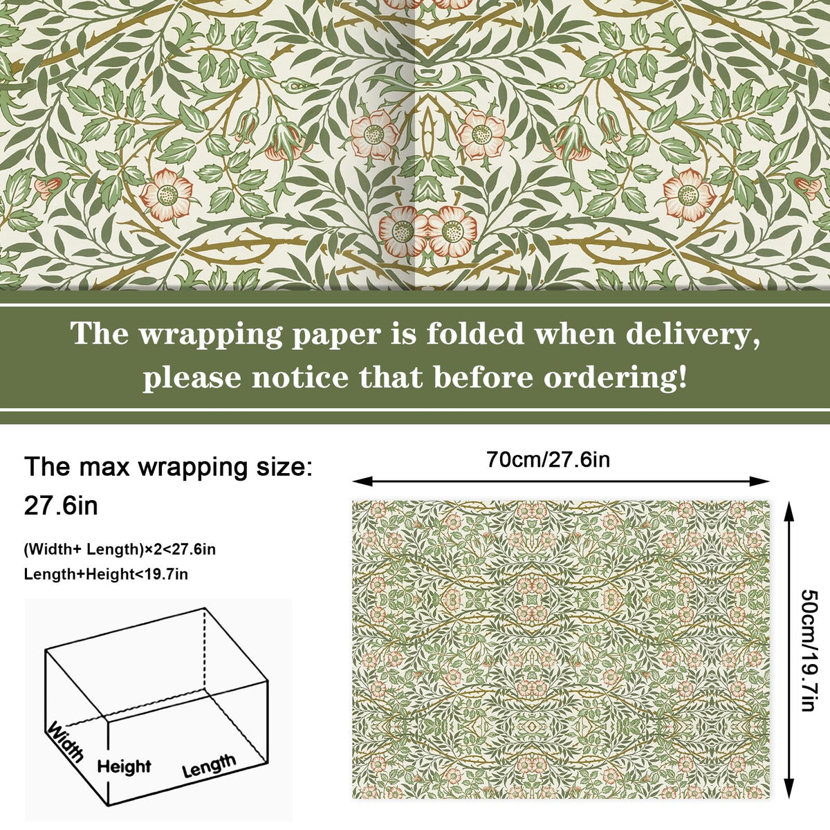 JarThenaAMCS 12 Sheets William Morris Wrapping Paper -Not Roll- Retro Floral Greenery Gift Wrap Paper Folded Flat Art Sheet for DIY Crafts Wedding Baby Shower Birthday, 19.7 x 27.6 Inch