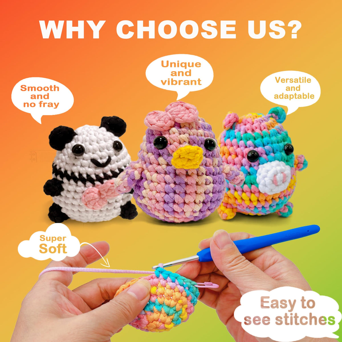 FREEASYFAR 4x50g Beginner Crochet Yarn for Crocheting and Knitting; Beginner Easy Yarn kit with Tool Set (Rainbow+Strawberry+Lawngreen+Aqua, 4 Skein)