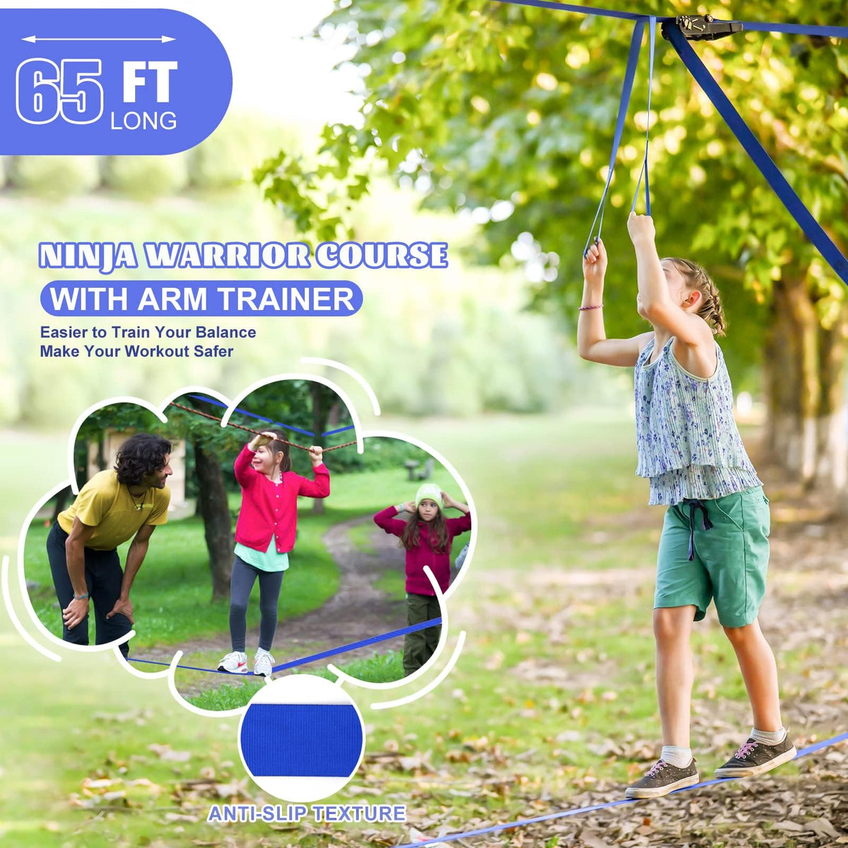 Ninja Warrior Obstacle Course for Kids Backyard-65ft Slackline Kit with 13 Obstacles, Upgraded Quick-Install Buckles No Threading, Install Anywhere, 900lbs Capacity, Easy Setup Backyard Playground Set