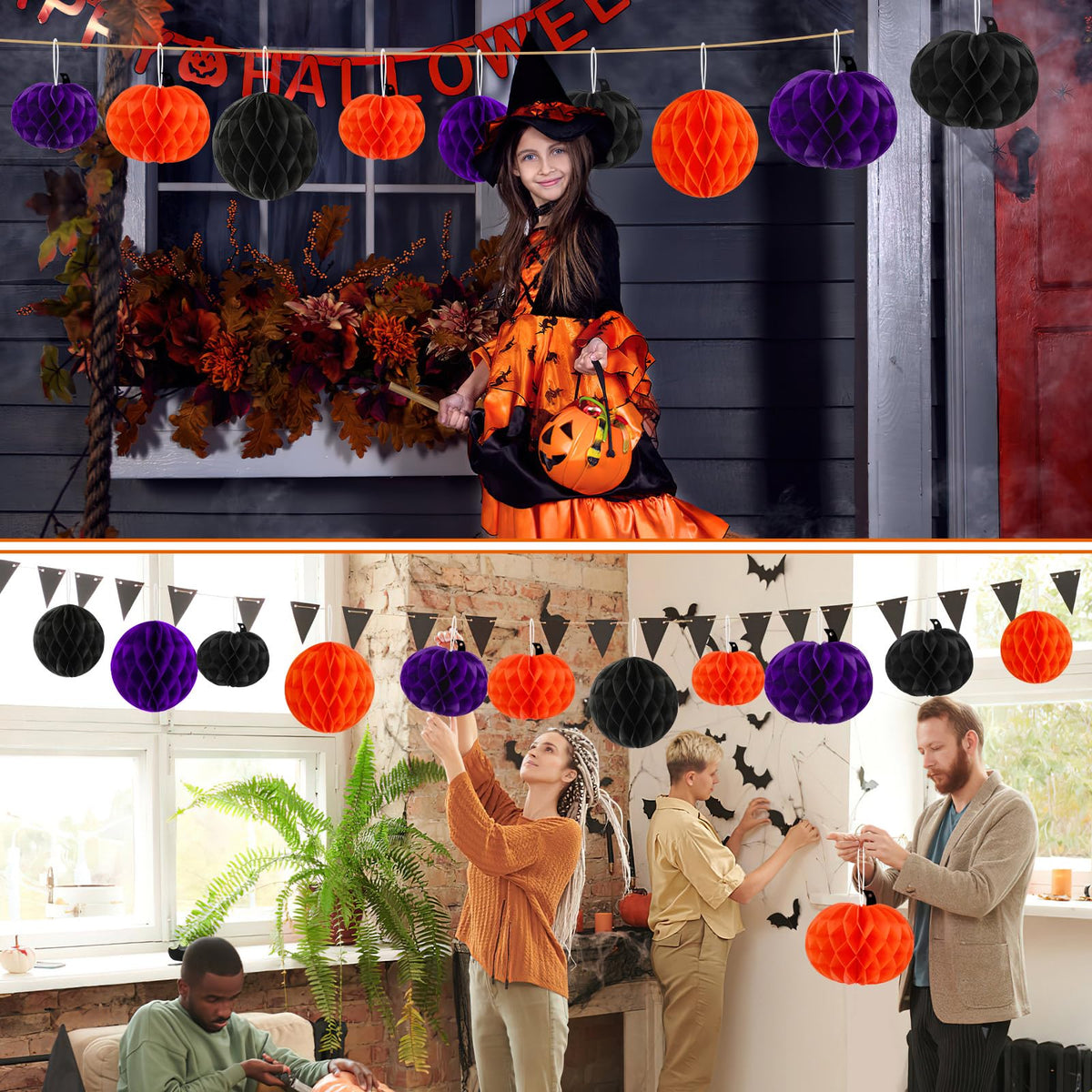 BOARDFEB 15Pcs Halloween Honeycomb Decorations, Orange Purple Black Pumpkin Paper Honeycomb Balls Halloween Hanging Ornaments for Party Favor Supplies