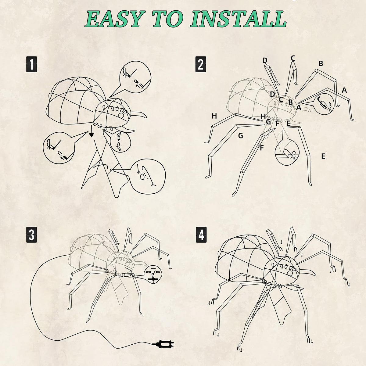 4.2Ft Giant Spider Halloween Decorations Outdoor 52" Light Up Spider with 90 LED Lights for Front Yard, Porch, Garden, Lawn, Halloween Party (Green)