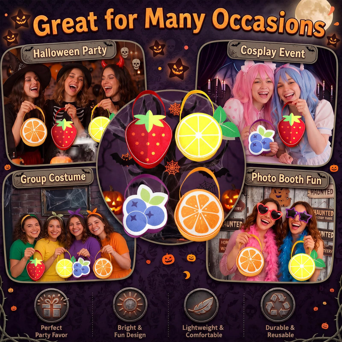 Cosblank 4 Pcs Halloween Fruit Inspired Treat Bags Orange Lemon Strawberry Blueberry Trick or Treat Bags Fruit Handbags for Group Costumes Party Favors and Home Decor