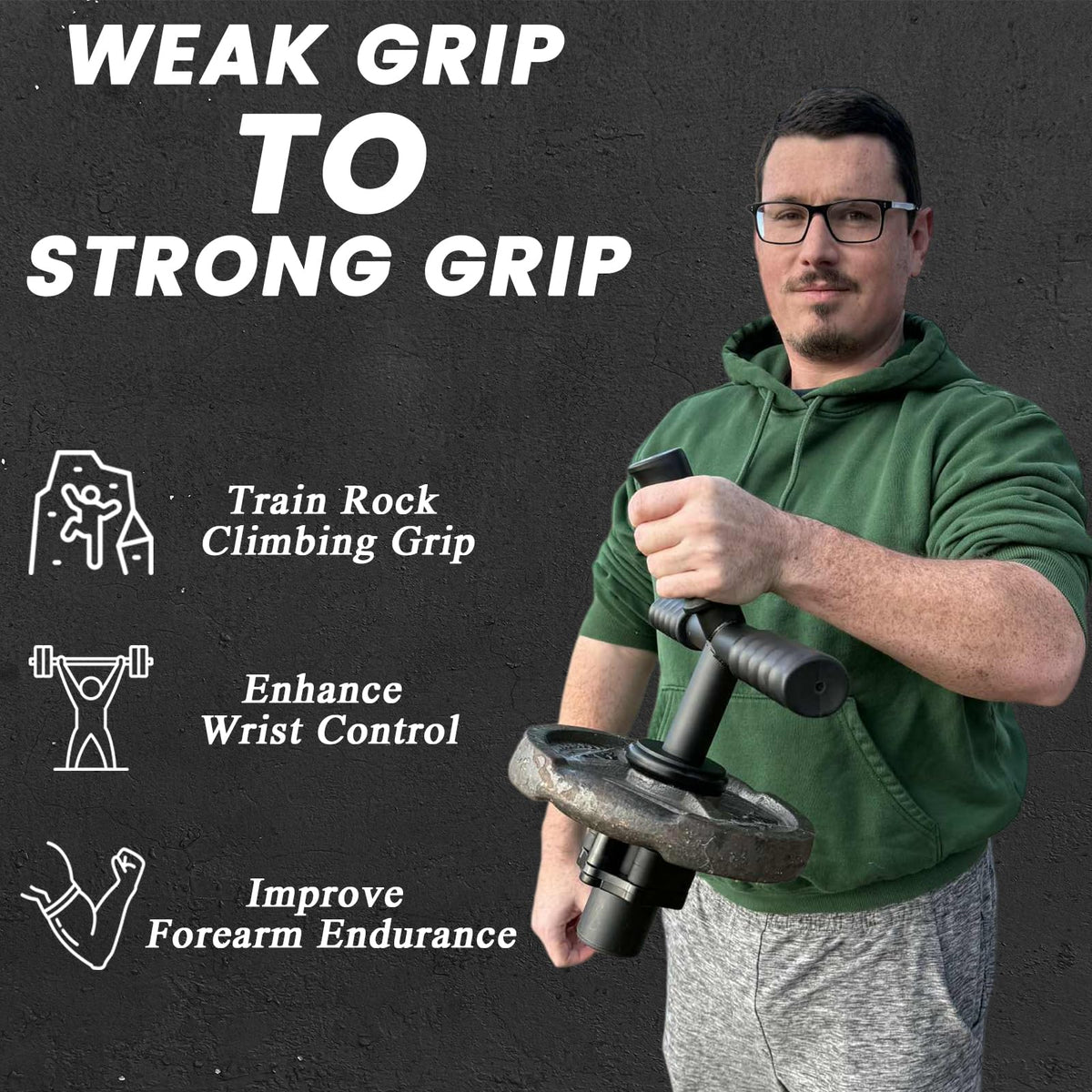 The Strong Arm Forearm & Wrist Strengthener – Adjustable Alloy Steel Grip Trainer with 3 Anti-Slip Finger Sleeves & Clamp, Wrist Roller Bar for Flexion, Extension & Grip Workout