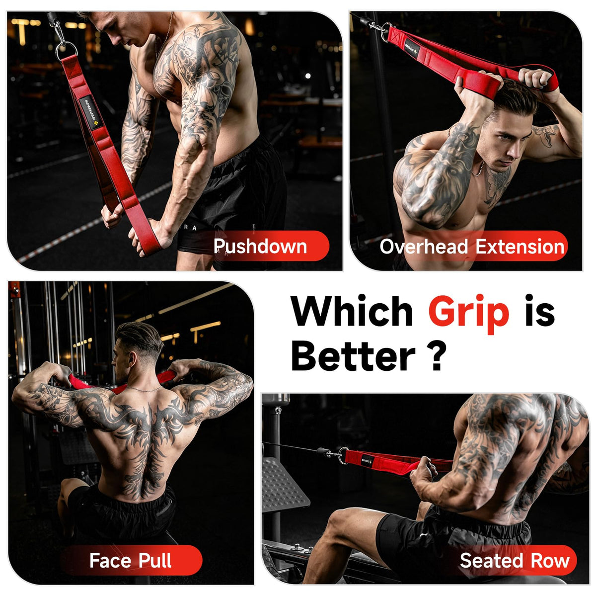 MANUEKLEAR Tricep Rope Cable Attachment Handles, Greater Range of Motion, Tricep Pull Down Rope for Push Downs, Crunches, Facepulls for Professional Gym (Red)