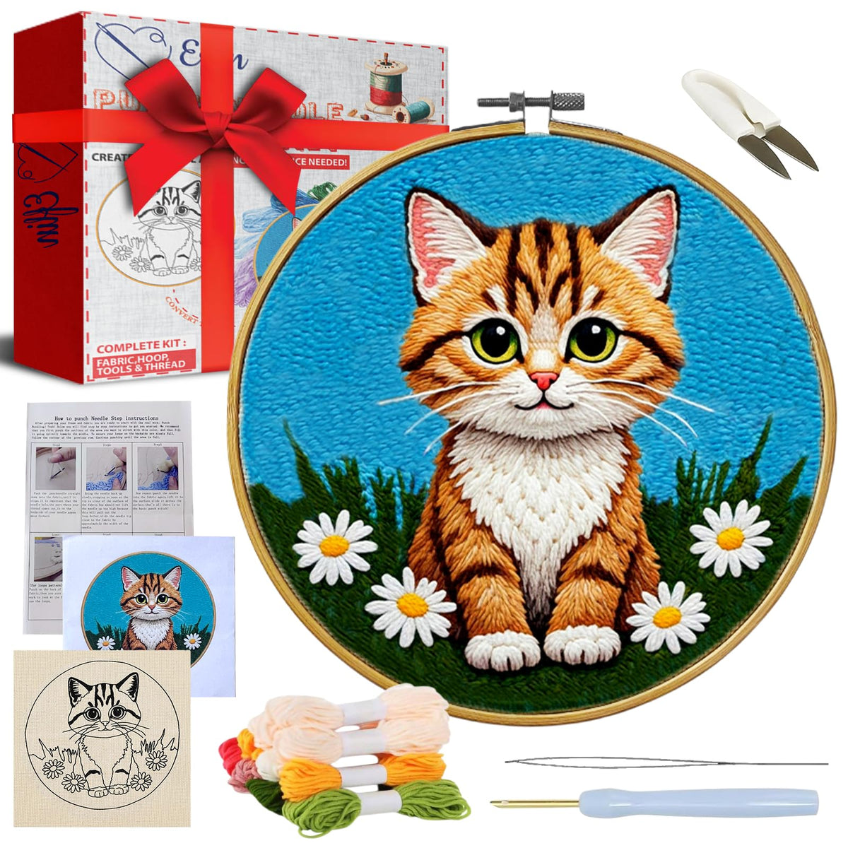 Eflin Punch Needle Kits Adults Beginner - Needlepoint Kits for Adults, Cute Cat & Daisy Pattern, Natural Bamboo Hoop, Yarns, Tools, Craft Kits for Beginners, Rare Gift for Crafts, Decors, Festivals