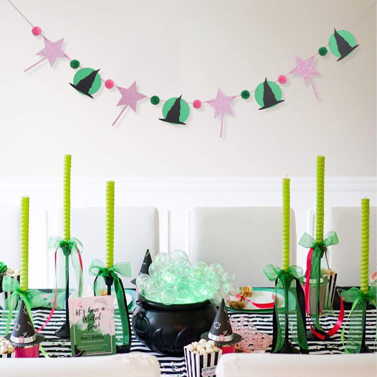 Witch Garland Banner – Pink Fairy Wand and Witch Hat Garland with Pom Poms, Halloween Magic Party Decorations for Girls Birthday, Wizard Theme Decor