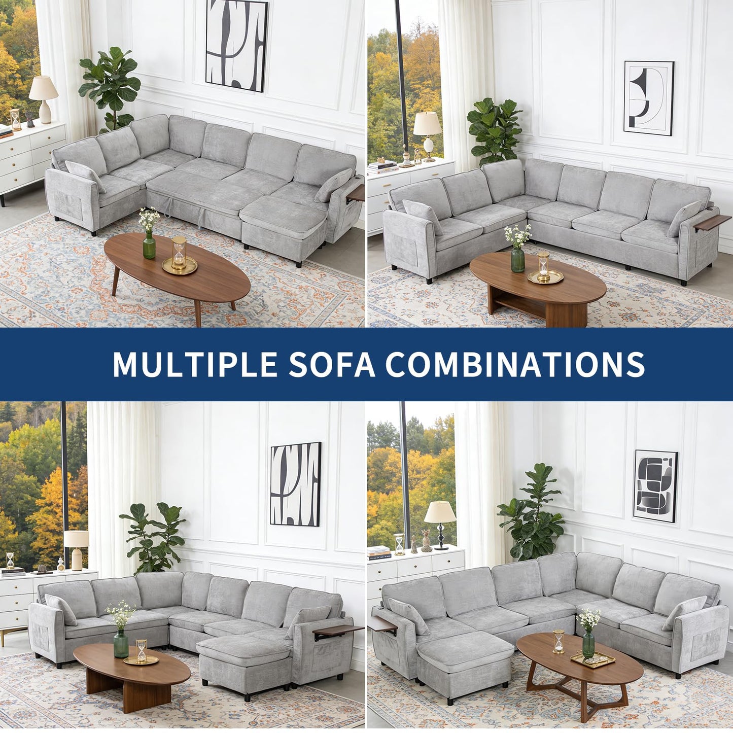 Modular Sectional Sleeper Sofa with Pull Out Bed, 116" Large U Shaped 7 Seater Sectional Couches with Ottoman, Charging Port & Foldable Side Table, Comfy Chenille Cloud Sofas for Living Room, Grey