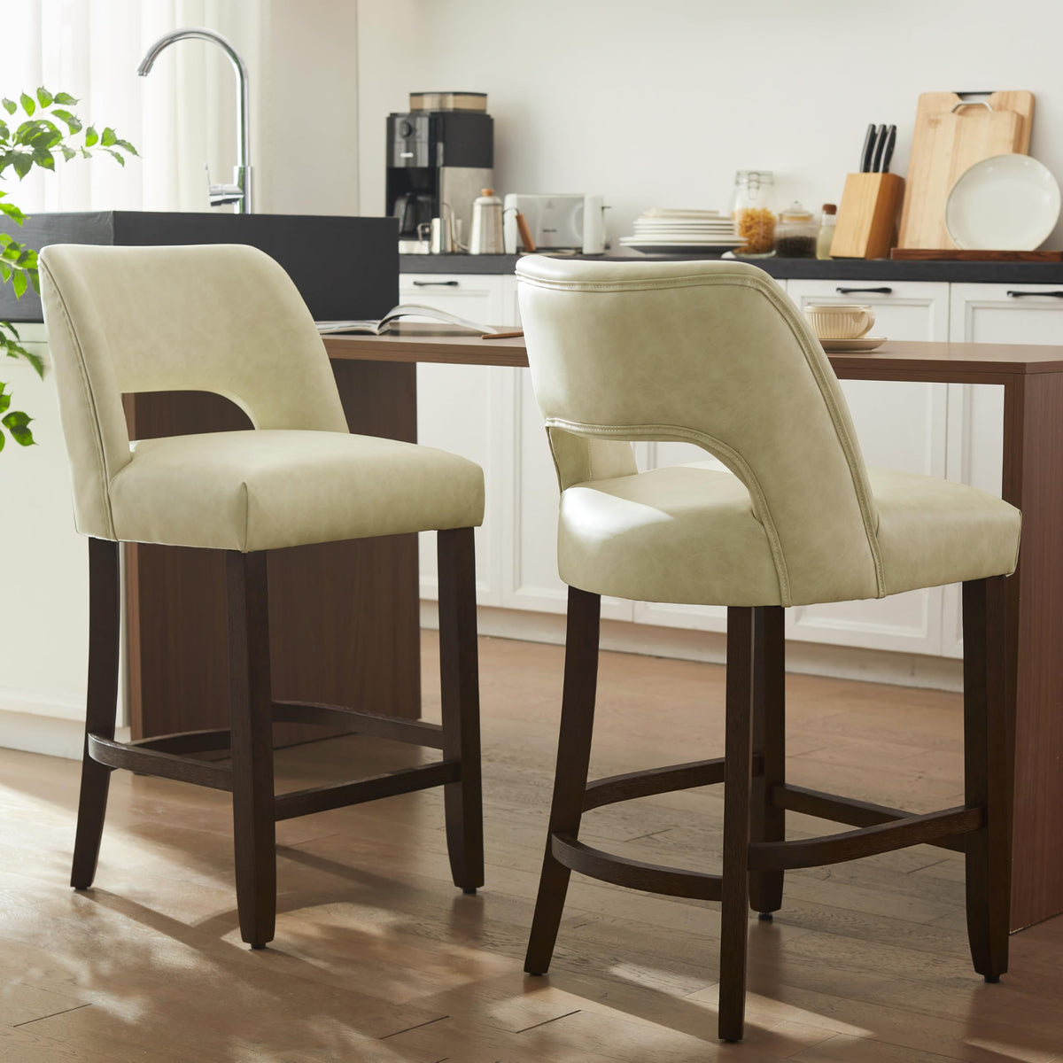 VKNOW 26" Bar Stools Set of 4, Faux Leather Counter Height Bar Stools with Backrest and Rubberwood Legs, Upholstered Barstools for Kitchen Island, Bar and Dining Room, Beige