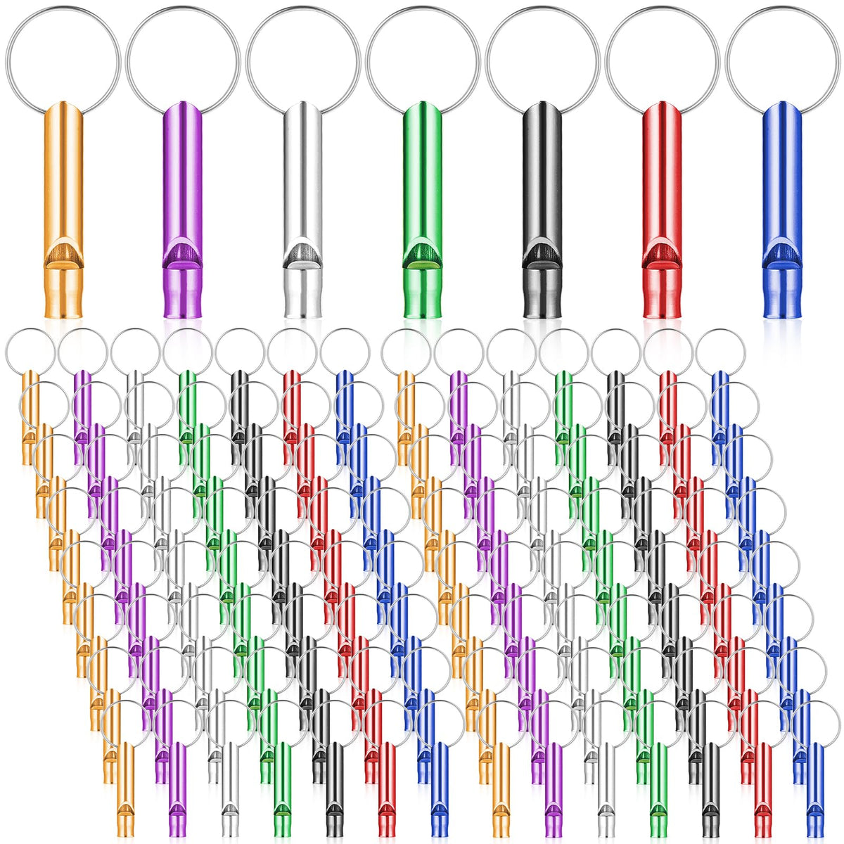 Aphumedc 140 Pcs Emergency Whistles with Keychains, Aluminum Extra Loud Survival Whistle, Bulk for Training Outdoor Sports Camping Hiking Boating Hunting, Multicolor