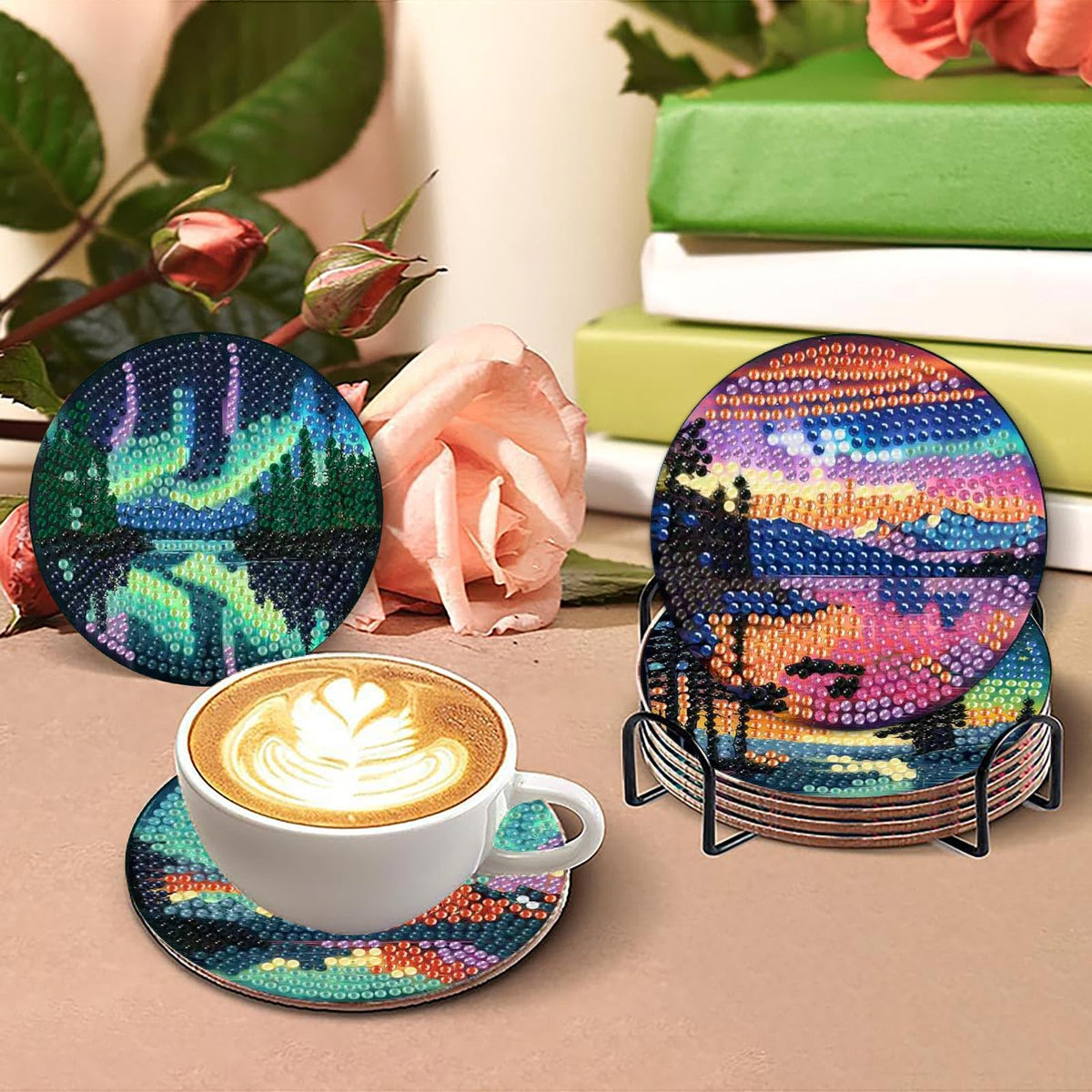 8 Pcs Aurora Diamond Art Coasters Kits with Holder, Landscape Diamond Painting Coasters Kits for Adults, DIY 5D Nature Scenery Diamond Dots Small Mini Kit Full Drill Art Craft Supplies 4X4 Inch
