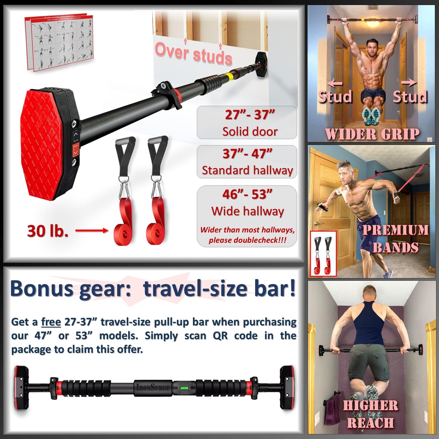 IRONSURGE Pull Up Bar for Hallway or Doorway 6-piece Set with Two Attachable Resistance Bands/Handles, Training Manuals, No Screws Chin Up Bar, Max 680lbs, Width options: 27-37", 37-47"; 46-53"