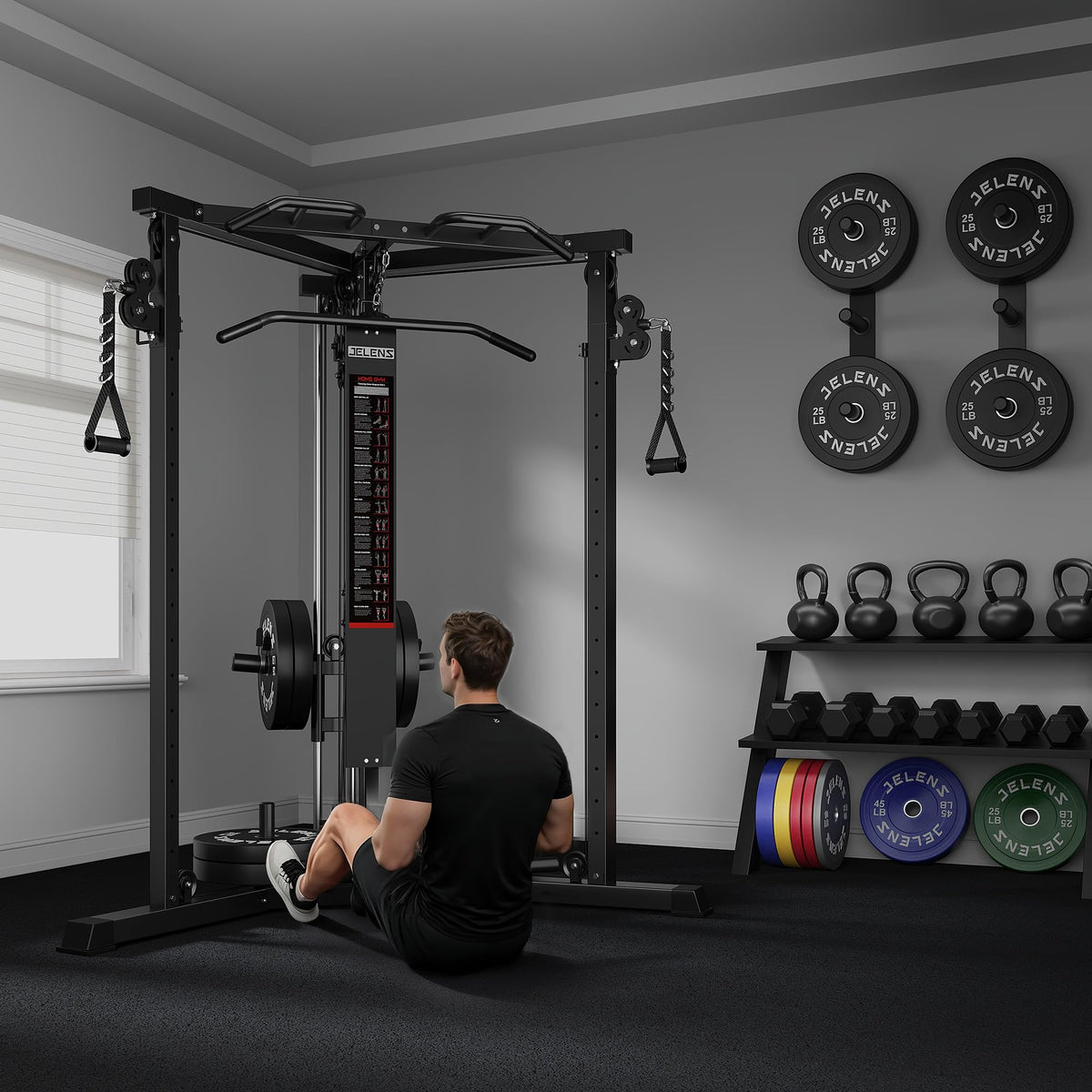 JELENS CC01 Fitness Cable Crossover Machine with High and Low Pulley System, Functional Trainer with with Pull Up Bars and Optional Bundle (Black, CC01 Cable Crossover Machine)