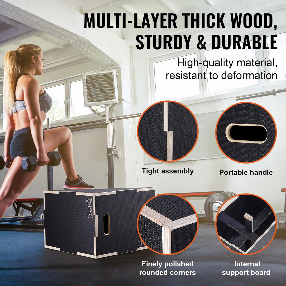 VEVOR 3 in 1 Plyometric Jump Box, Easy-to-Assemble Wood Plyo Box for Jumping Trainers, Home Gym Training and Conditioning, 24" x 20" x 16"