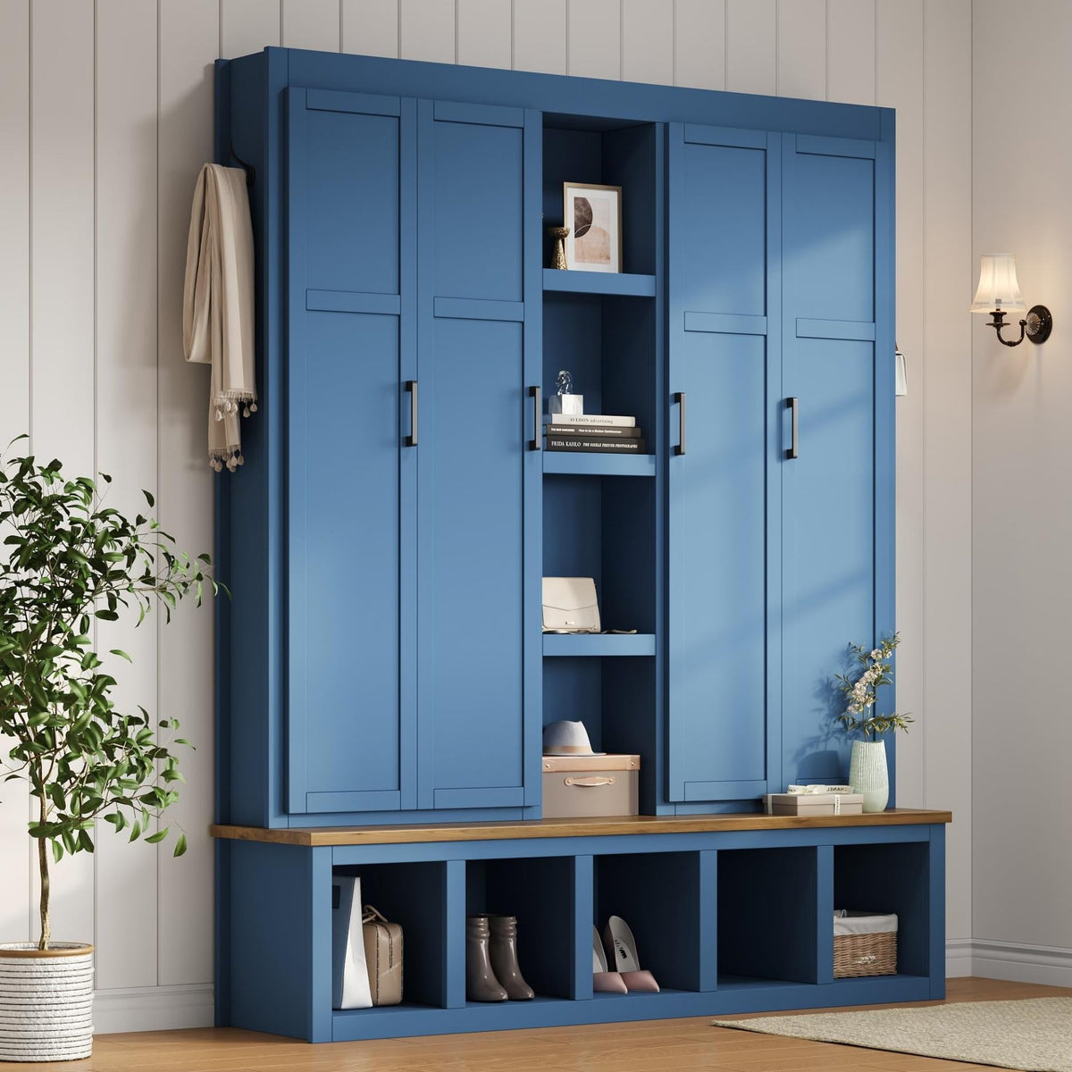 Virubi 4-in-1 62.9" Wide Hall Tree with Bench and Shoe Storage, Farmhouse Wood Entryway Bench with Coat Racks, Doors, 6 Hooks and Storage Shelves for Living Room (Blue)