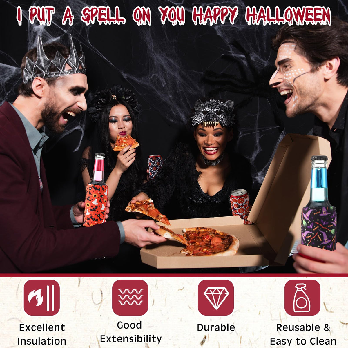 Potchen 24 Pcs Halloween Can Coolers Sleeves 12 oz Witch Skull Can Cooler Sleeves Neoprene Slim Beer Can Cooler Sleeves Bottle Insulator for Halloween Party Favors Gifts Decor Supplies