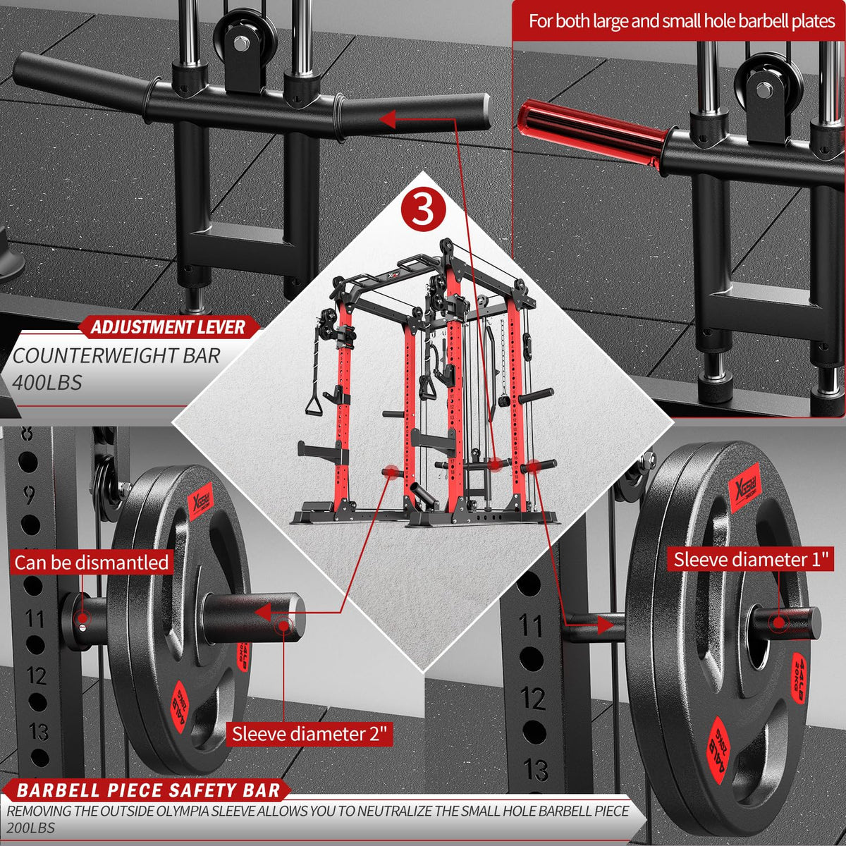Power Rack Power Cage Multi-Function Squat Rack with Cable Crossover System Selectable More Training Attachment Power Rack for Garage & Home Gym (Red, F Set L02+Weight Bench+（Pole+Color BP） 258LBS)