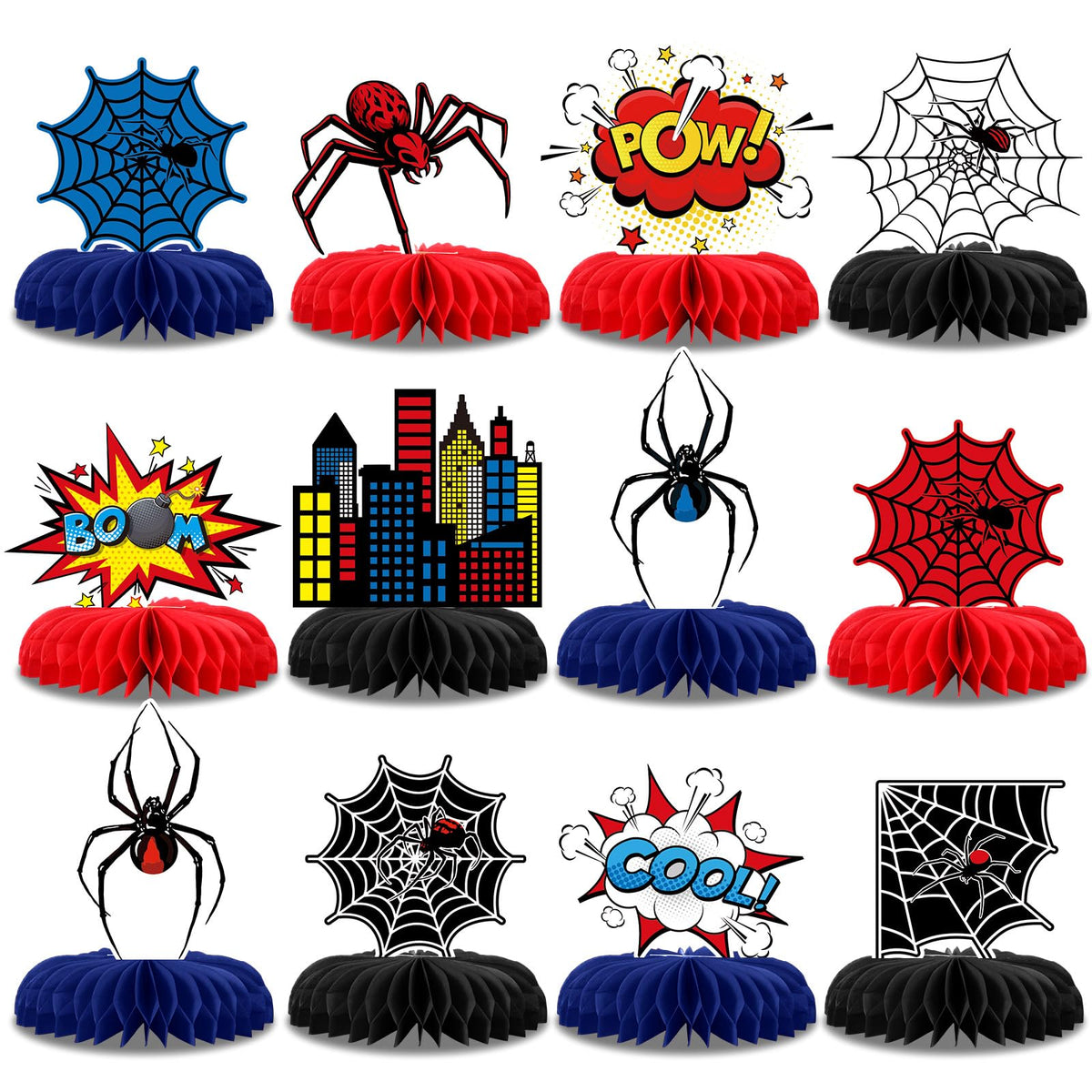 Pajean 12 Pcs Spider Honeycomb Centerpieces for Hero Birthday Party Decorations, 3D Heroic Comic Theme Table Toppers, Red Blue Spider Web Cityscape Paper Decor for Action Event Cake Table Supplies
