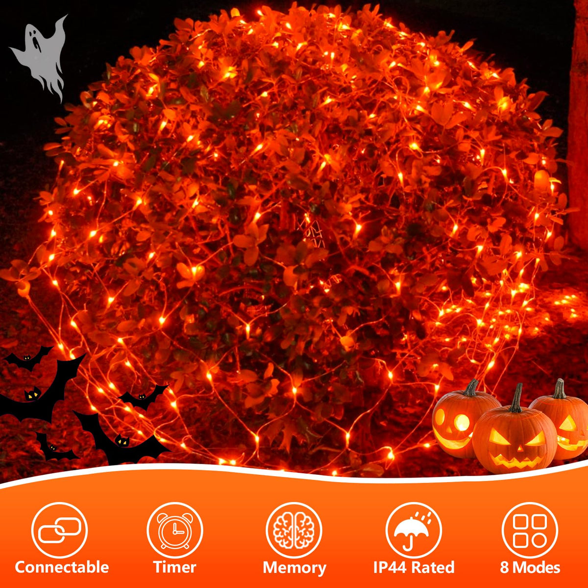 YEGUO Orange Halloween Lights, 12ft x 5ft 360 LED Net Lights Outdoor Mesh Lights, 8 Modes Clear Wire Christmas Bush Light Plug in