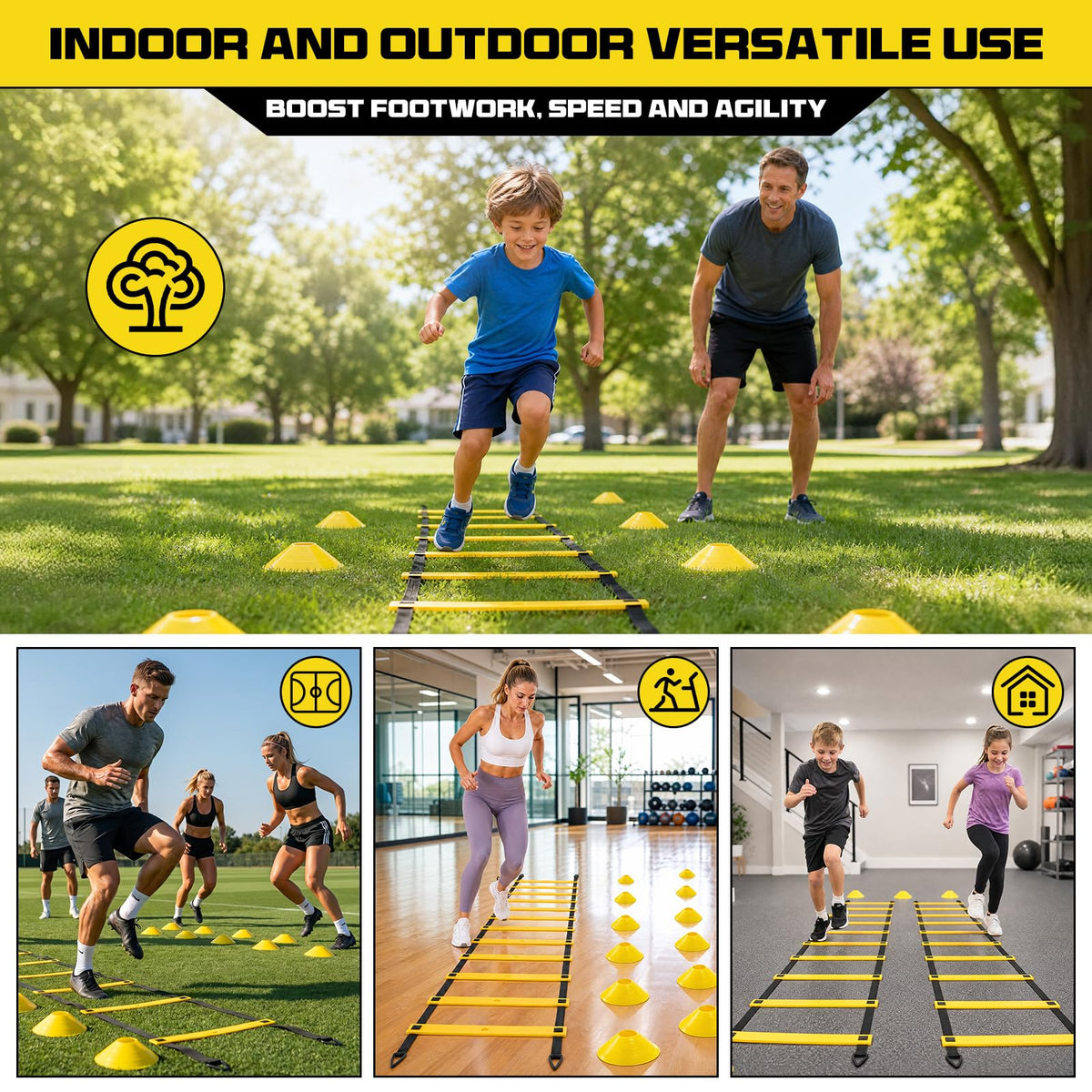2 Pack 20ft Agility Ladder Set, 40ft Total Adjustable Speed Ladder with 12 Cones, 8 Stakes, 1 Carry Bag - Parallel Footwork Drills Gear for Football Soccer Basketball Training Equipment (Yellow)