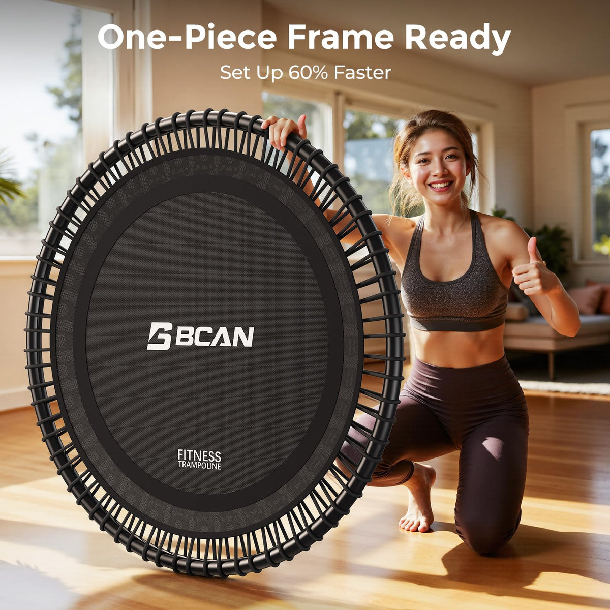 BCAN BT4 40" Soft Land Pro Adult Bungee Rebounder Trampoline, 500lb Capacity, Adjustable Tension Bungees, One-Piece Frame (16 Gauge), Quiet Indoor Cardio w/Handle, Phone Holder & 2 Pairs Socks, Black