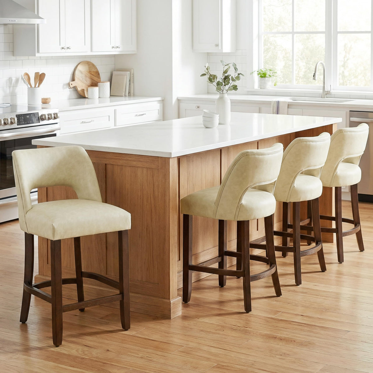 VKNOW 26" Bar Stools Set of 4, Faux Leather Counter Height Bar Stools with Backrest and Rubberwood Legs, Upholstered Barstools for Kitchen Island, Bar and Dining Room, Beige