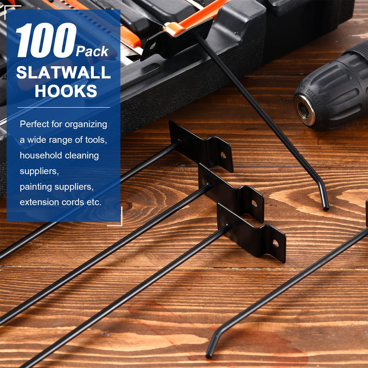 Moxweyeni 100 Pack Slatwall Hooks Panel Display Hooks Slat Board Peg Accessories Heavy Duty Hanging Shelf Brackets Metal Hangers for Garage Shop Retail Display(6 and 8 Inch,Black)
