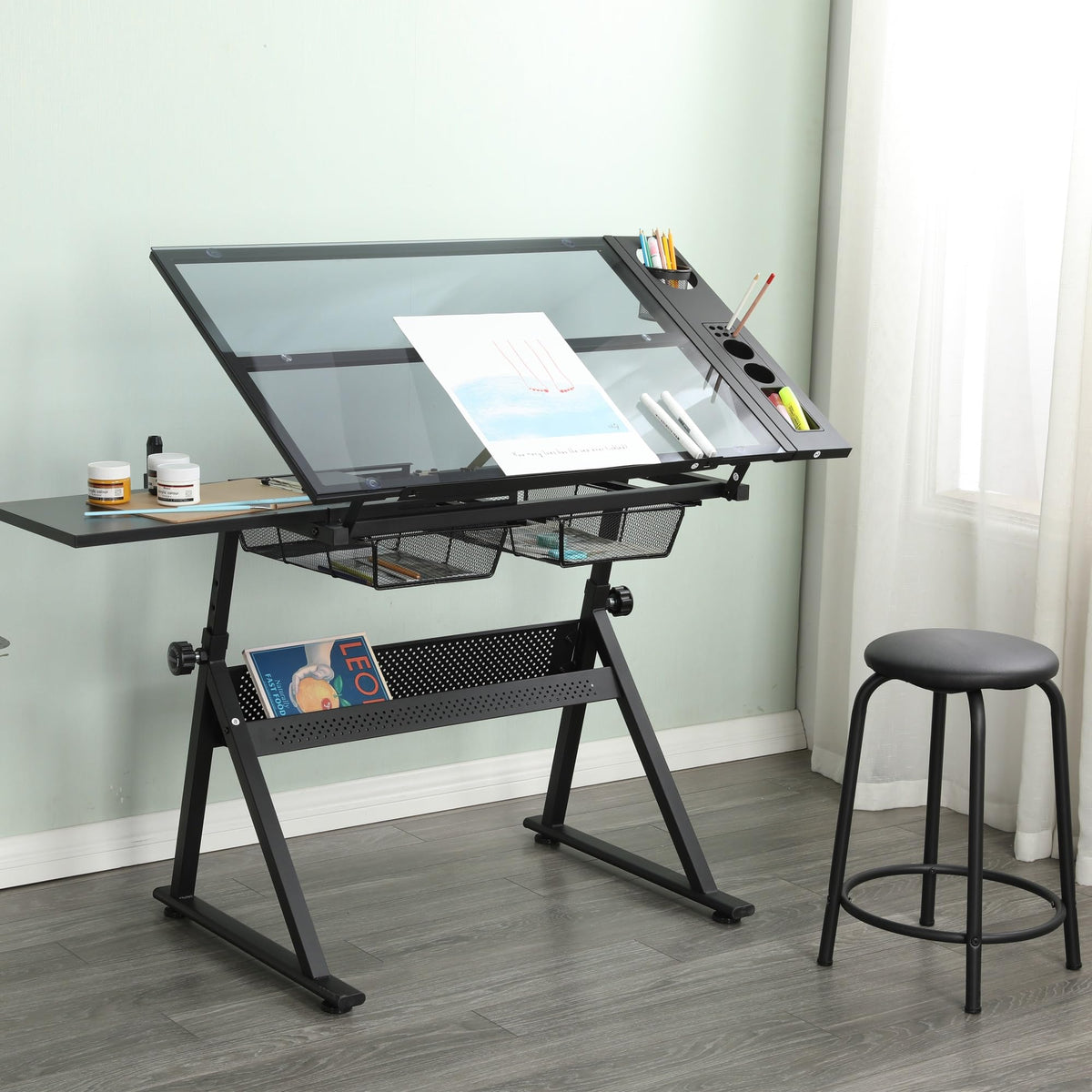 YJSPSSW Black Adjustable Tempered Glass Drafting Table with Chair, 5mm Thick Glass, 0-75° Tilt, 2 Metal Drawers, Side Storage Strips, Adjustable Legs for Office & Painting