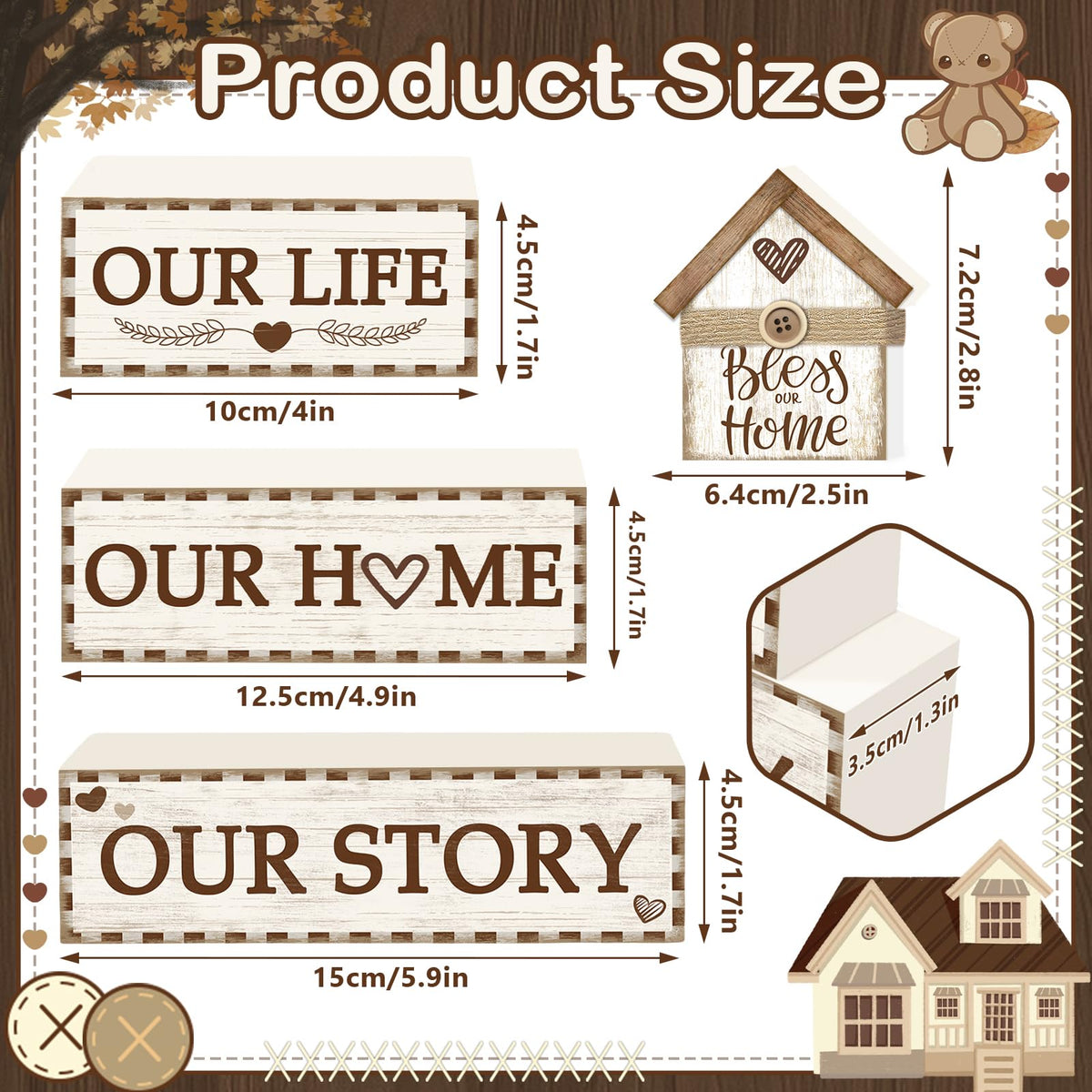 4 Pcs Rustic Farmhouse Decor Wooden Tiered Tray Decor, Rustic Family Table Decorations Our Life Story Stack Block Sign Neutral Home Tabletop Centerpieces for Kitchen Shelf Entryway Coffee Desk