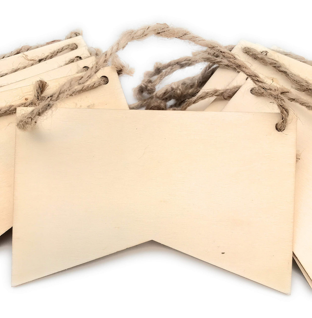 Oojami 50-Pack Unfinished Wood Banner Flags with Twine – Natural Wooden Pennant Ornaments for Crafts, Painting, Wood Burning, and Laser Engraving – Custom Blank Garland Kit for Party & Event Decor