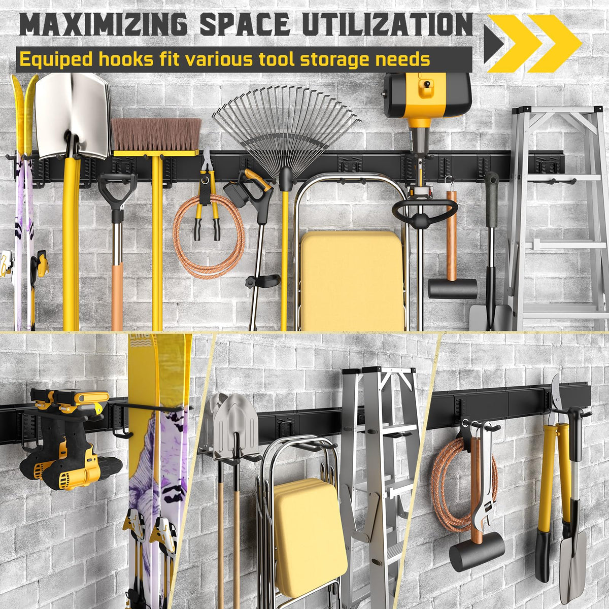 YZSFMZGE 48" Garage Tool Organizer Wall Mount, 660lbs Heavy Duty Steel Garden Tool Storage Rack with 9 Adjustable Hooks for Yard, Shed, Garage (3 Racks, 9 Hooks, 2 Straps)