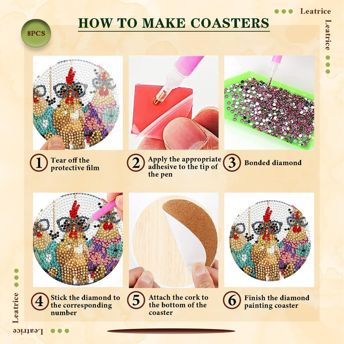 Leatrice 8PCS Chicken Diamond Art Coasters Small Diamond Painting Kits for Adults Diamond Dots Round Full Drill Diamond Coasters with Holder Easy Art Crafts for Beginners Kitchen Decro