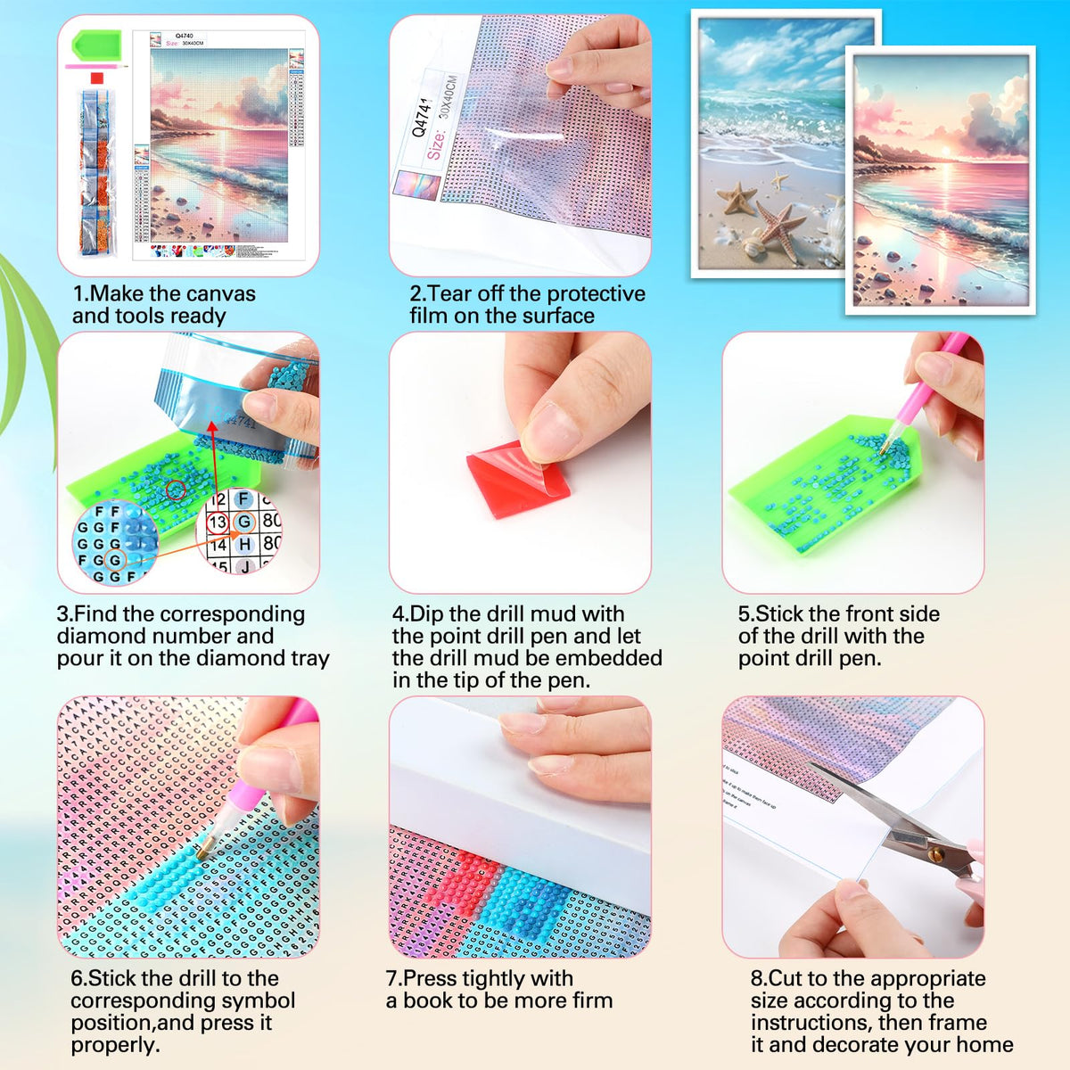 Frienda 6 Pcs Diamond Painting Kits 12 x 16 Inch DIY 5D Abstract Landscapes Diamond Art Full Round Drill Crafts for Adults Youth Beginners Numbers for Home Wall Decor Gifts (Pink Ocean)