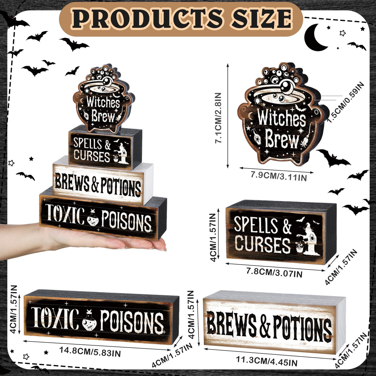 4 Pcs Halloween Table Decor Witches Brew Wooden Sign Halloween Tiered Tray Decor Farmhouse Witches Tabletop Centerpiece Spells Curses Potions Wooden Block Signs for Home Office Kitchen Shelf