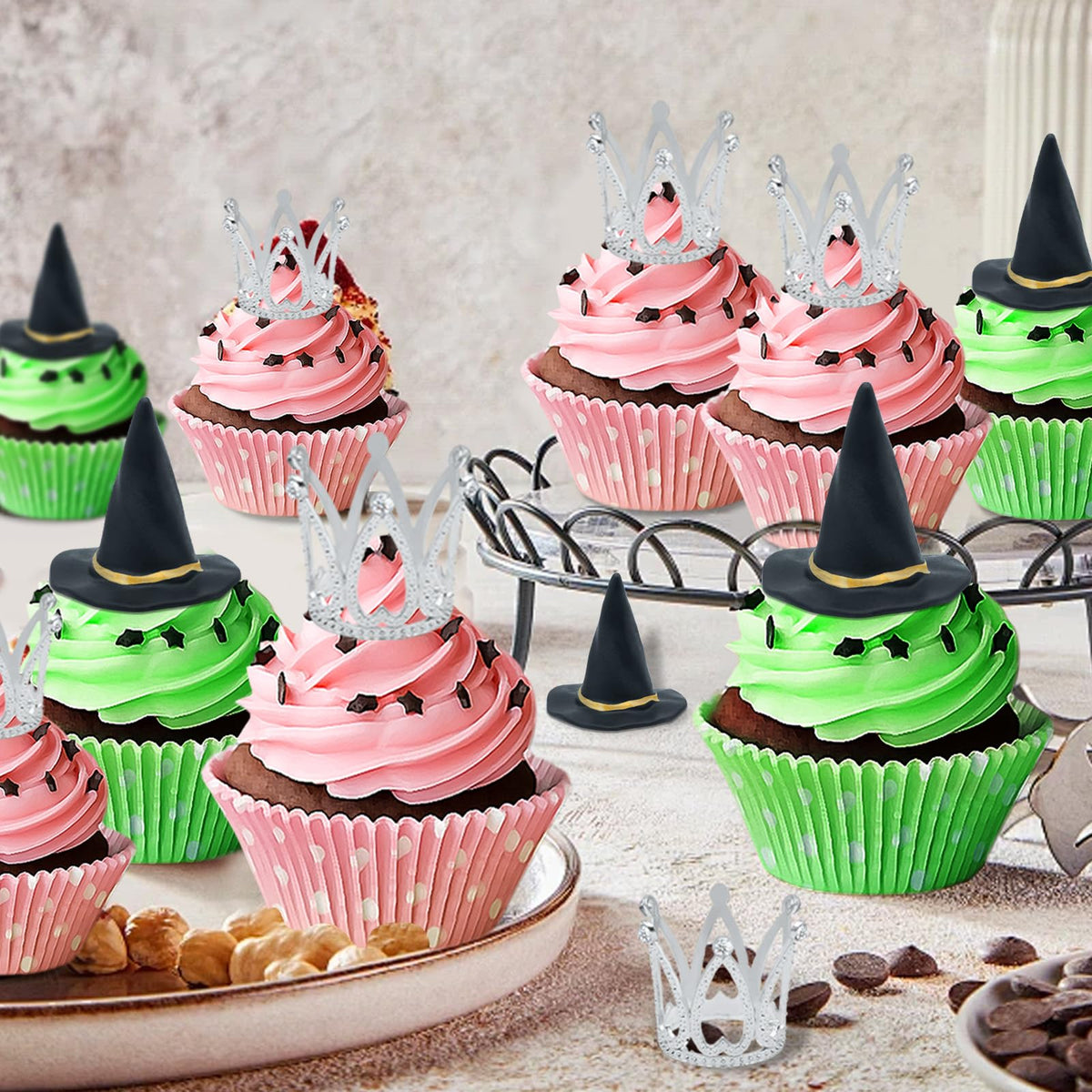 24 Pcs Witch Hat and Crown Cake Topper,Wicked Cake Topper and Wicked Cupcake Toppers,For Party, Birthday Cake, Craft Decoration