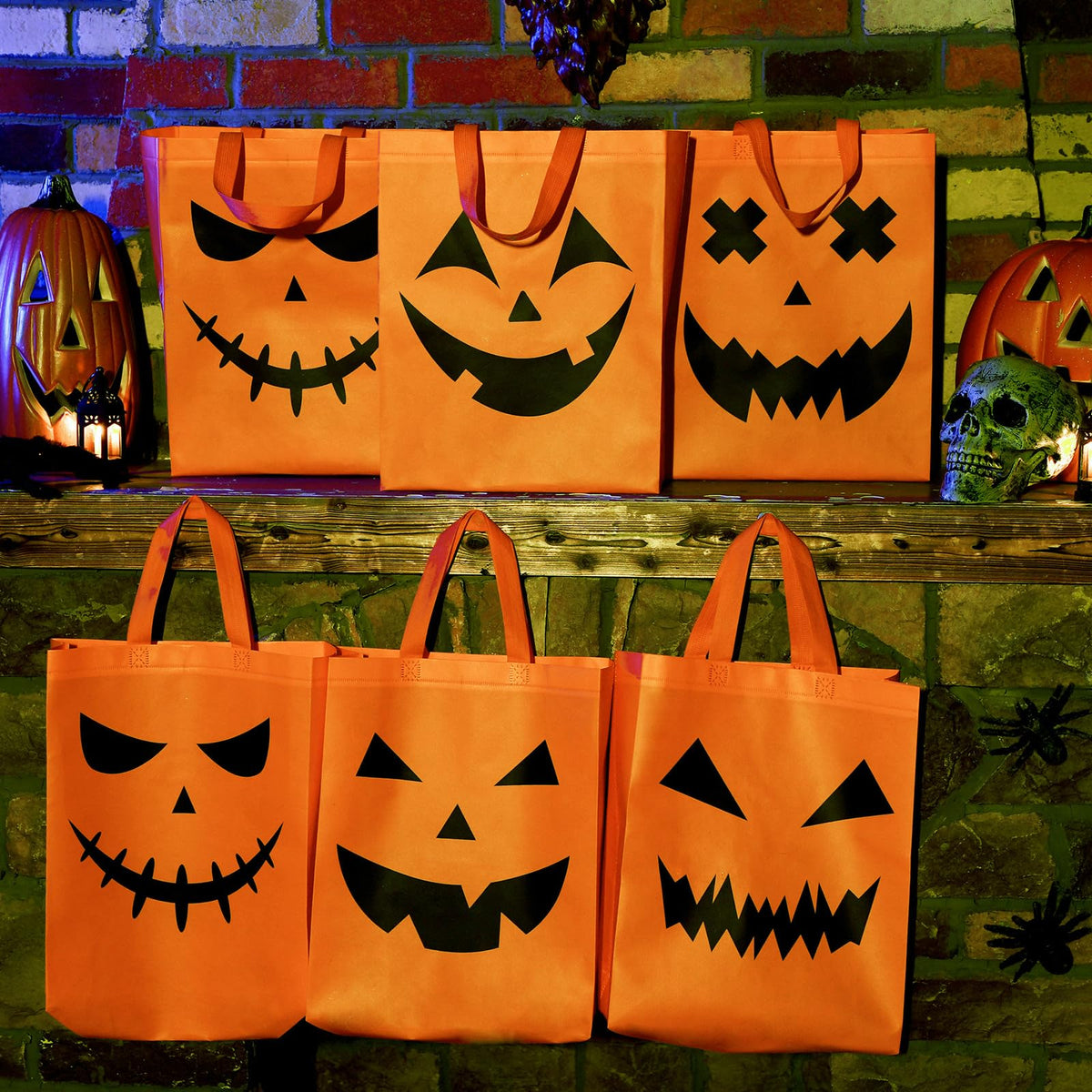 Sanwuta 48 Pcs Halloween Tote Gift Bags 14.9 x 11.8 Large Treat or Trick Pumpkin Reusable Non Woven Candy Goodies Bag for Halloween