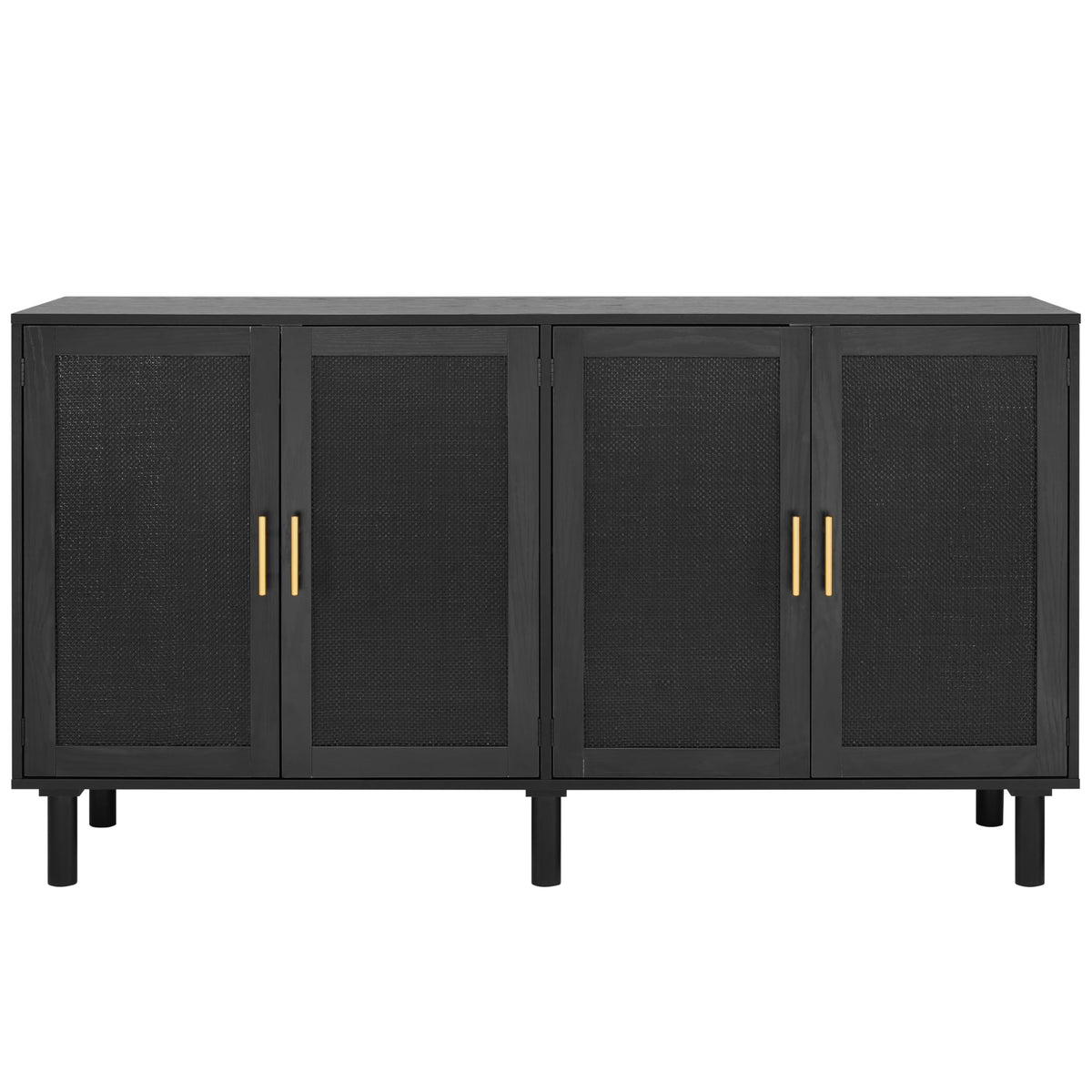 Finnhomy 4 Door Sideboard Buffet Cabinet, Kitchen Storage Buffet with Black Painted Rattan Decorated Doors, Cupboard Console Table, Boho Accent Liquor Cabinet, 62.3X 15.7X 34.6 Inches, Full Black