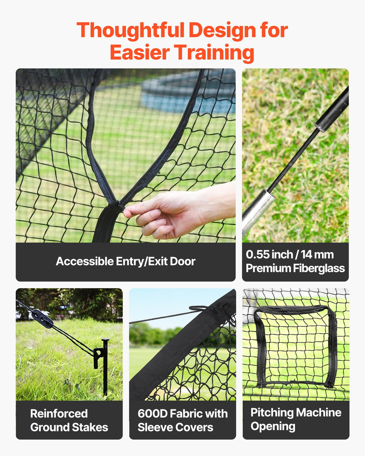 VEVOR Baseball Batting Cage, 40.0 x 12.1 x 10.0 FT Fiberglass Portable Batting Cage, Hitting Cages with 4-Ply Knotless Polyester & Pitching Machine Opening, Battings Cages Netting for Indoor Outdoor