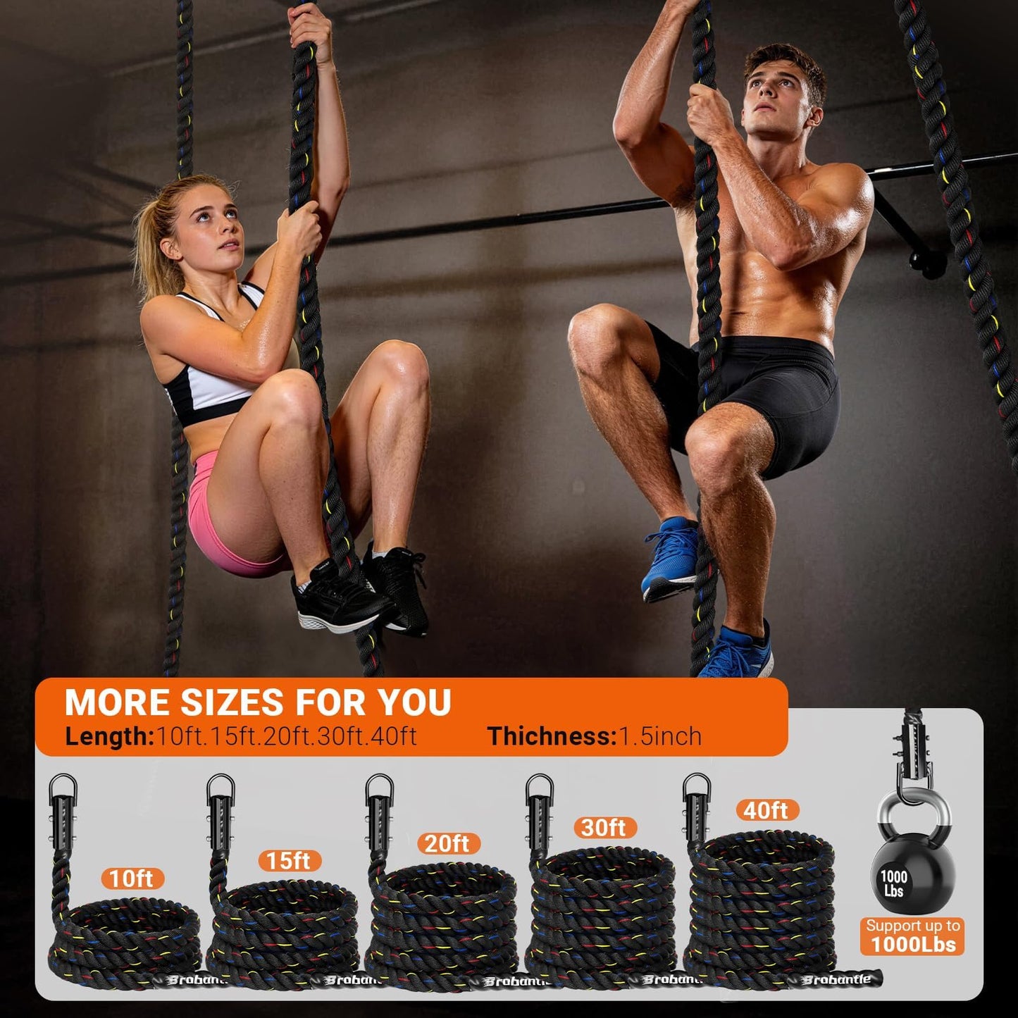 Brobantle Climbing Rope Gym Workout - 1.5 Inch Diameter 40FT Heavy Duty Thick Rope Work Out Exercise Ropes for Adults Home Indoor & Outdoor Fitness and Strength Training