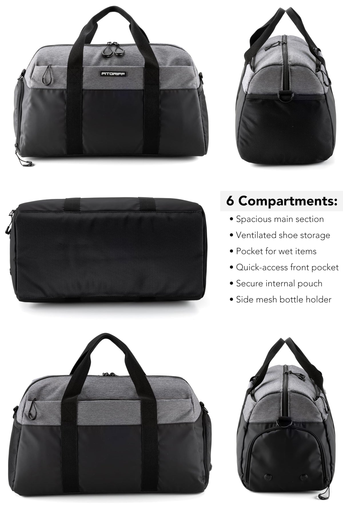 Fitgriff® Gym Bag V2 for Men and Women with Shoe & Wet Compartment - Duffle Bag for Travel, Sports, Fitness and Workout (Black/Grey, 19 x 10 x 11″ (Small))