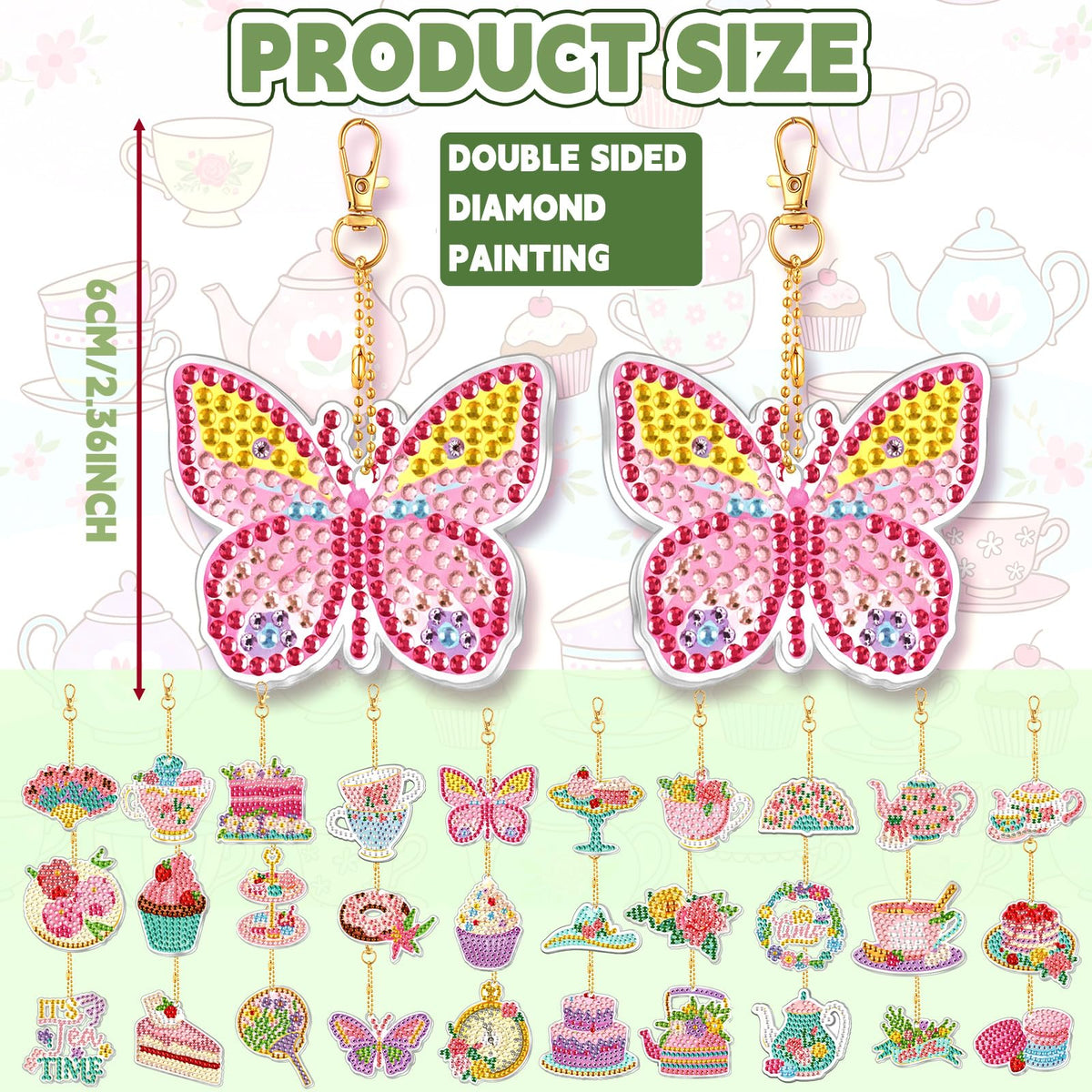 Huquary 30 Pcs Diamond Painting Keychains Tea Party Diamond Art Sets for Adult, Double Sided 5d Diamonds Hanging Keychains for Adult Beginner DIY Crafts Party Gift