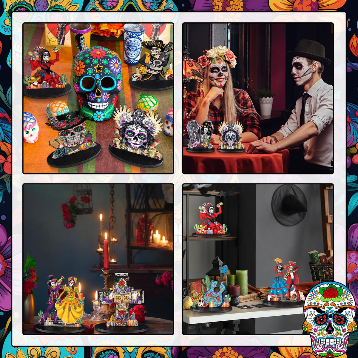 Wesiti 12 Pcs Day of The Dead Table Decorations Wooden Mexican Dia De Los Muertos Altar Centerpiece Halloween Sugar Skull Table Topper Decor Skeleton for Mexican Fiesta Tiered Tray Decor Party Favor
